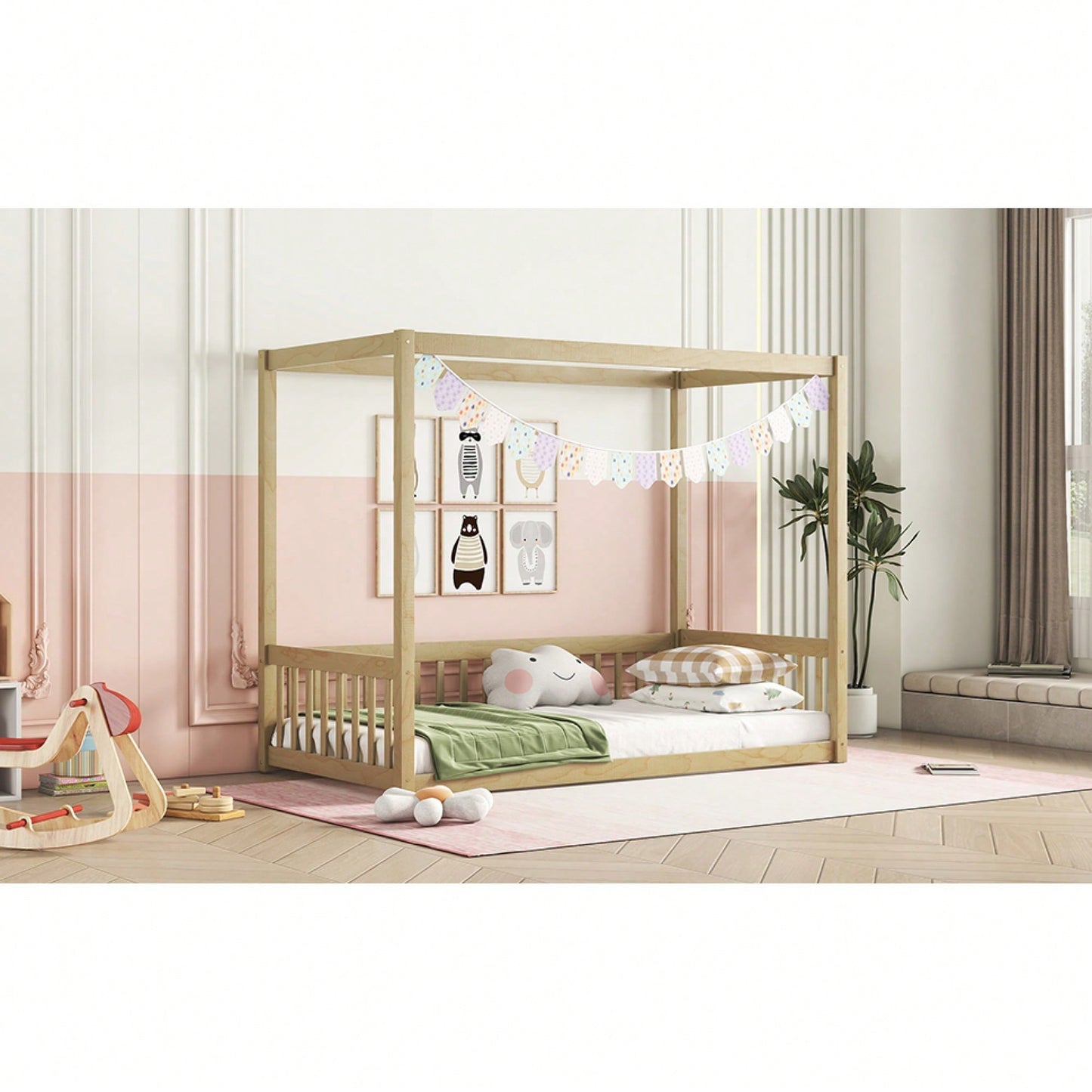 Twin Size Canopy Floor Bed With Guardrails And Fence In Grey