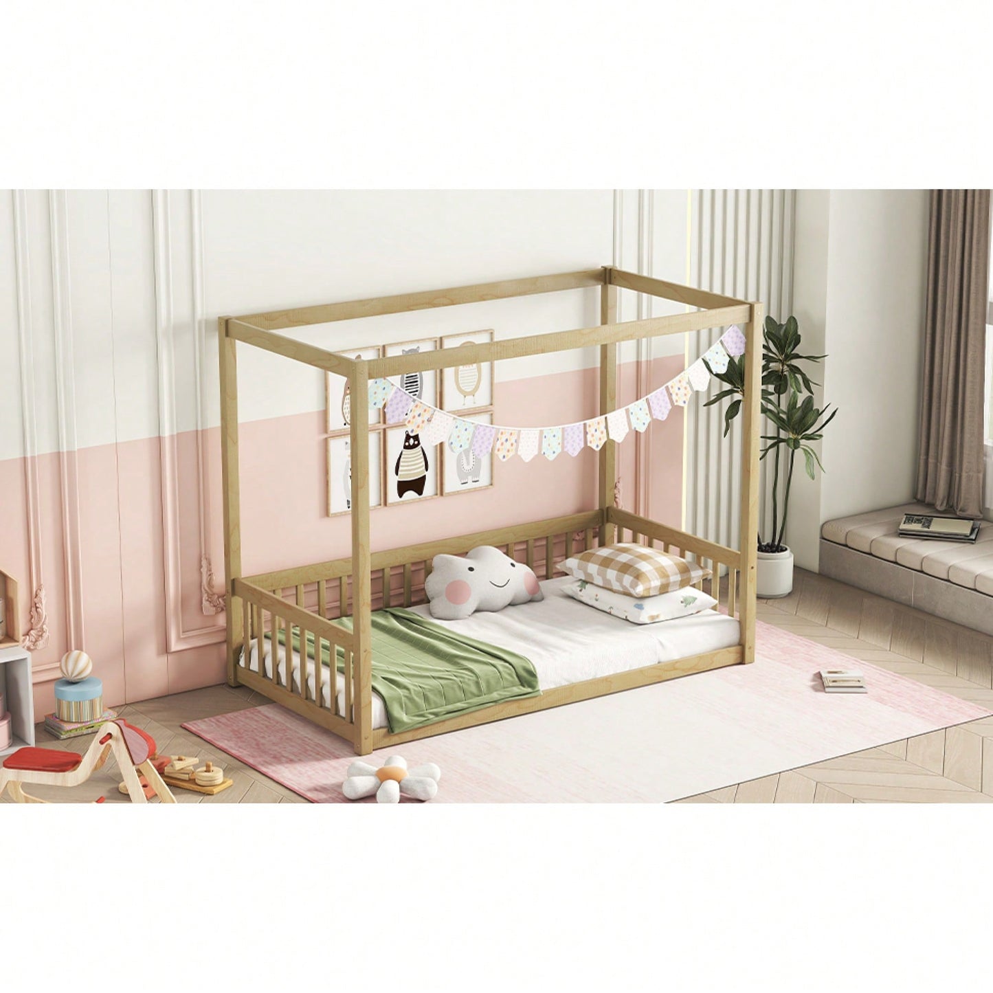 Twin Size Canopy Floor Bed With Guardrails And Fence In Grey