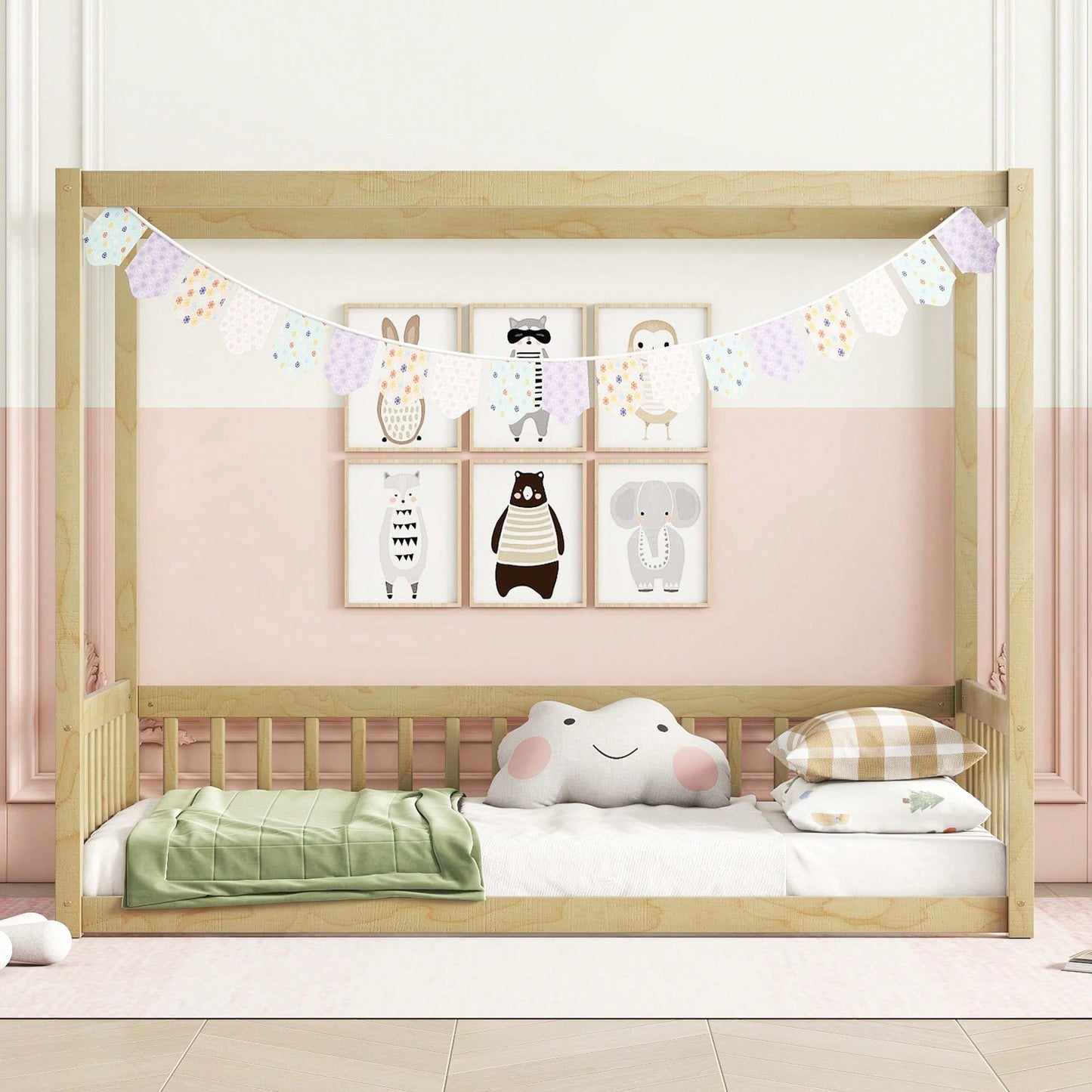 Twin Size Canopy Floor Bed With Guardrails And Fence In Grey