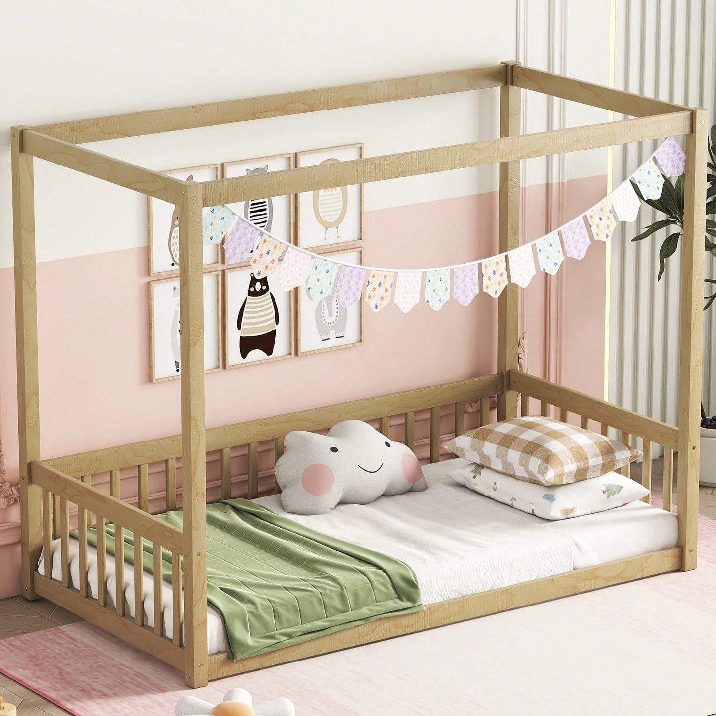 Twin Size Canopy Floor Bed With Guardrails And Fence In Grey