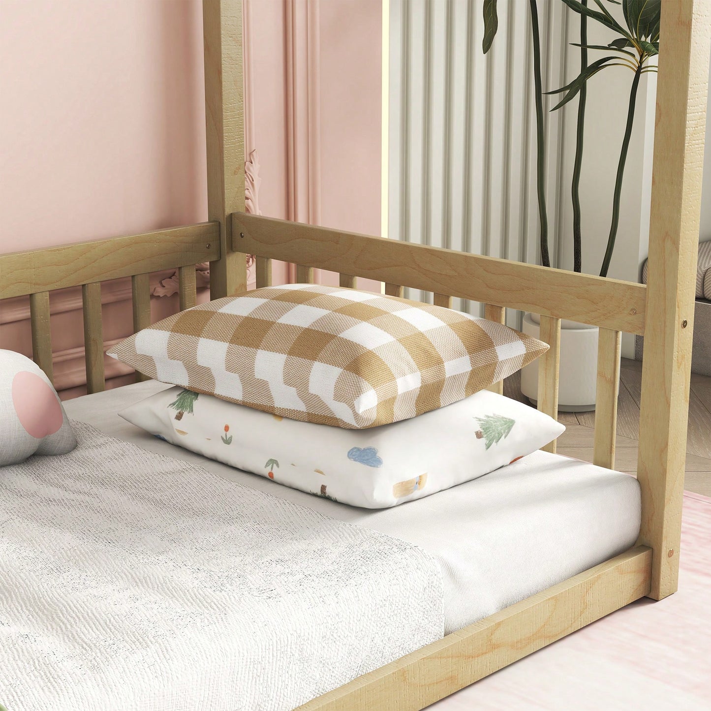 Twin Size Canopy Floor Bed With Guardrails And Fence In Grey