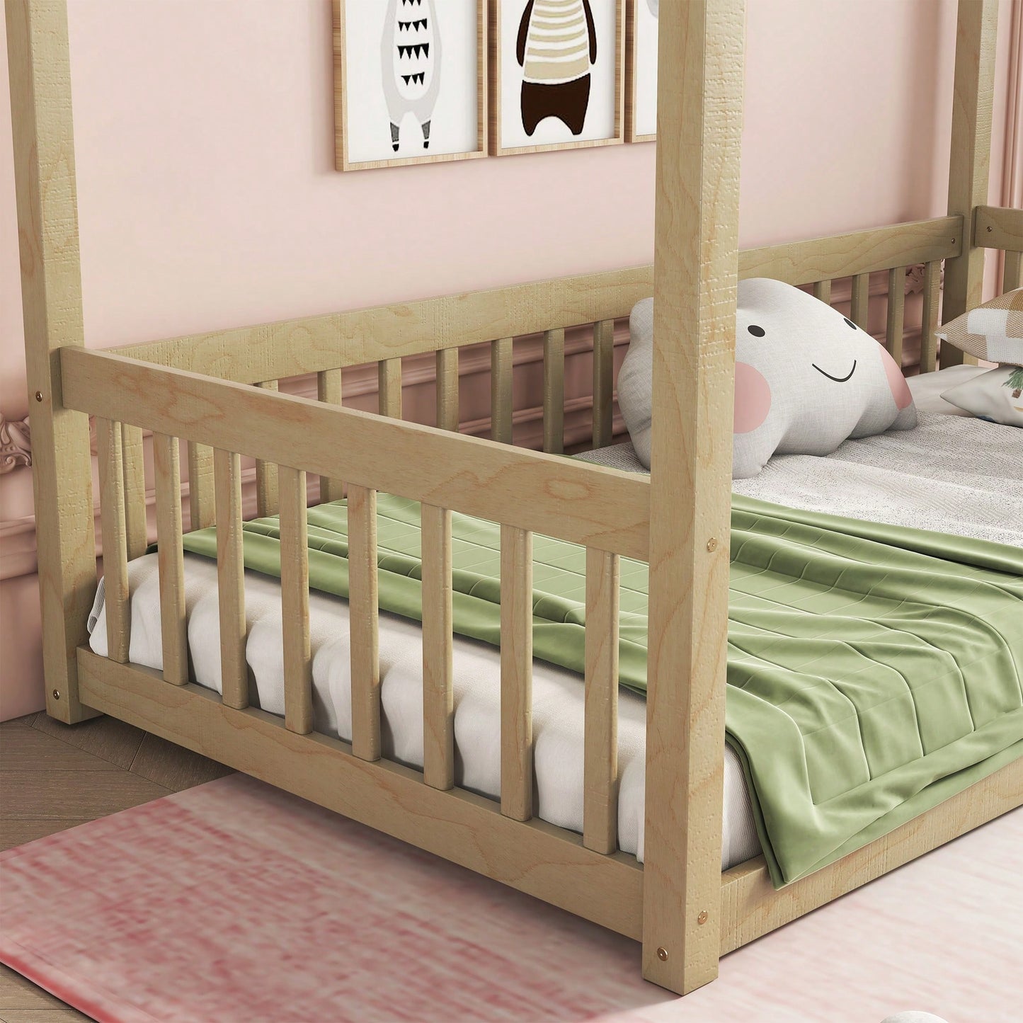 Twin Size Canopy Floor Bed With Guardrails And Fence In Grey