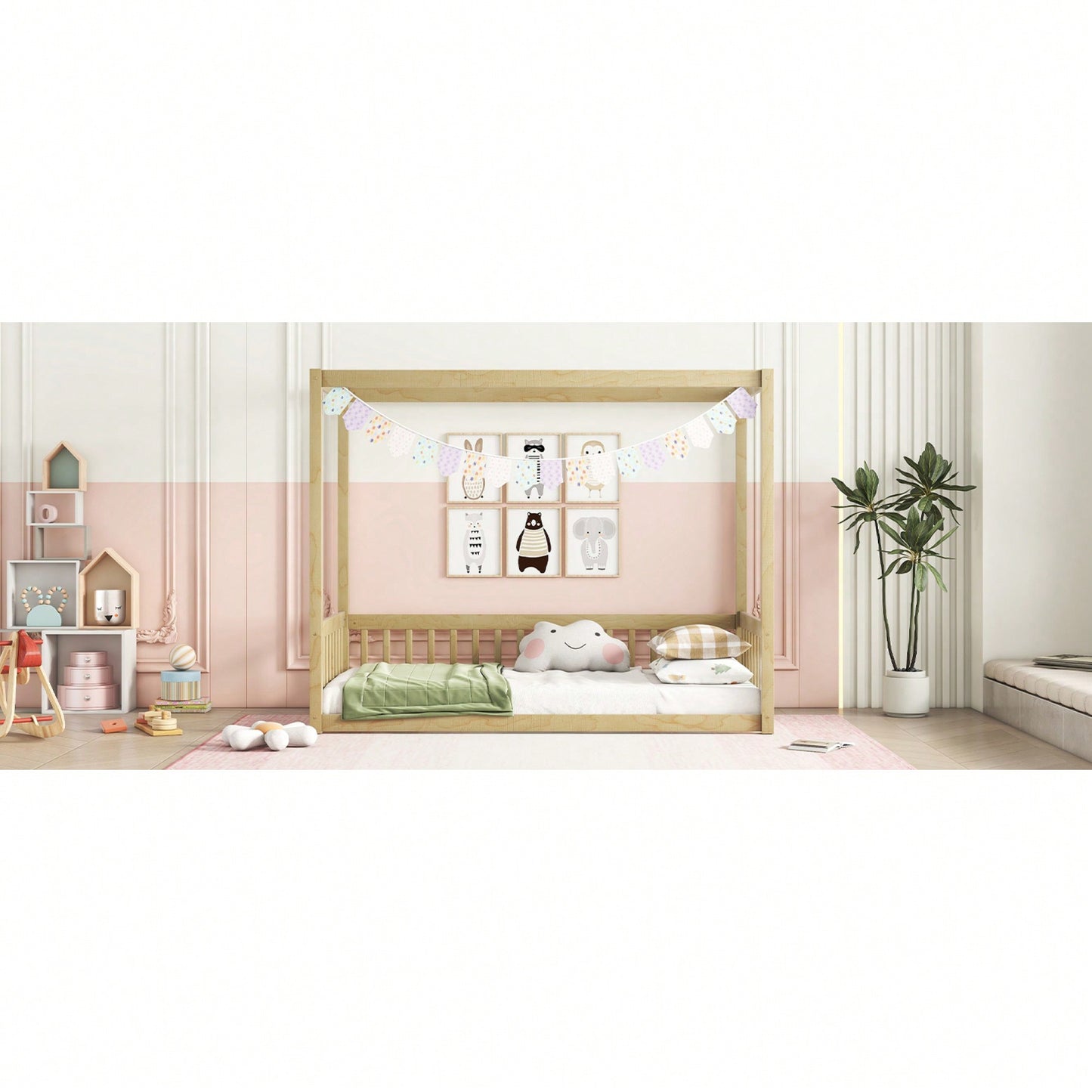 Twin Size Canopy Floor Bed With Guardrails And Fence In Grey