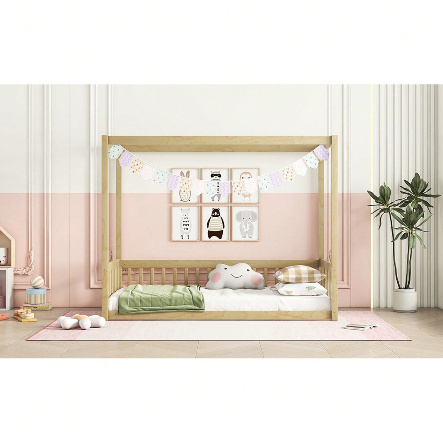 Twin Size Canopy Floor Bed With Guardrails And Fence In Grey