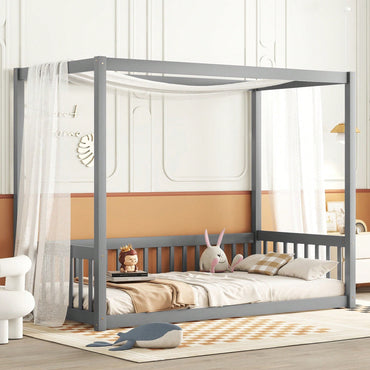 Twin Size Canopy Floor Bed With Guardrails And Fence In Grey