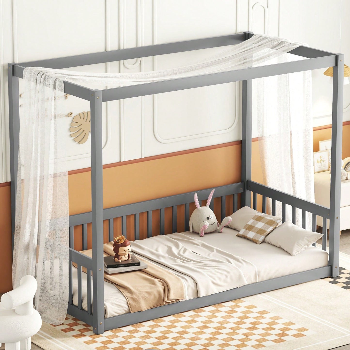 Twin Size Canopy Floor Bed With Guardrails And Fence In Grey