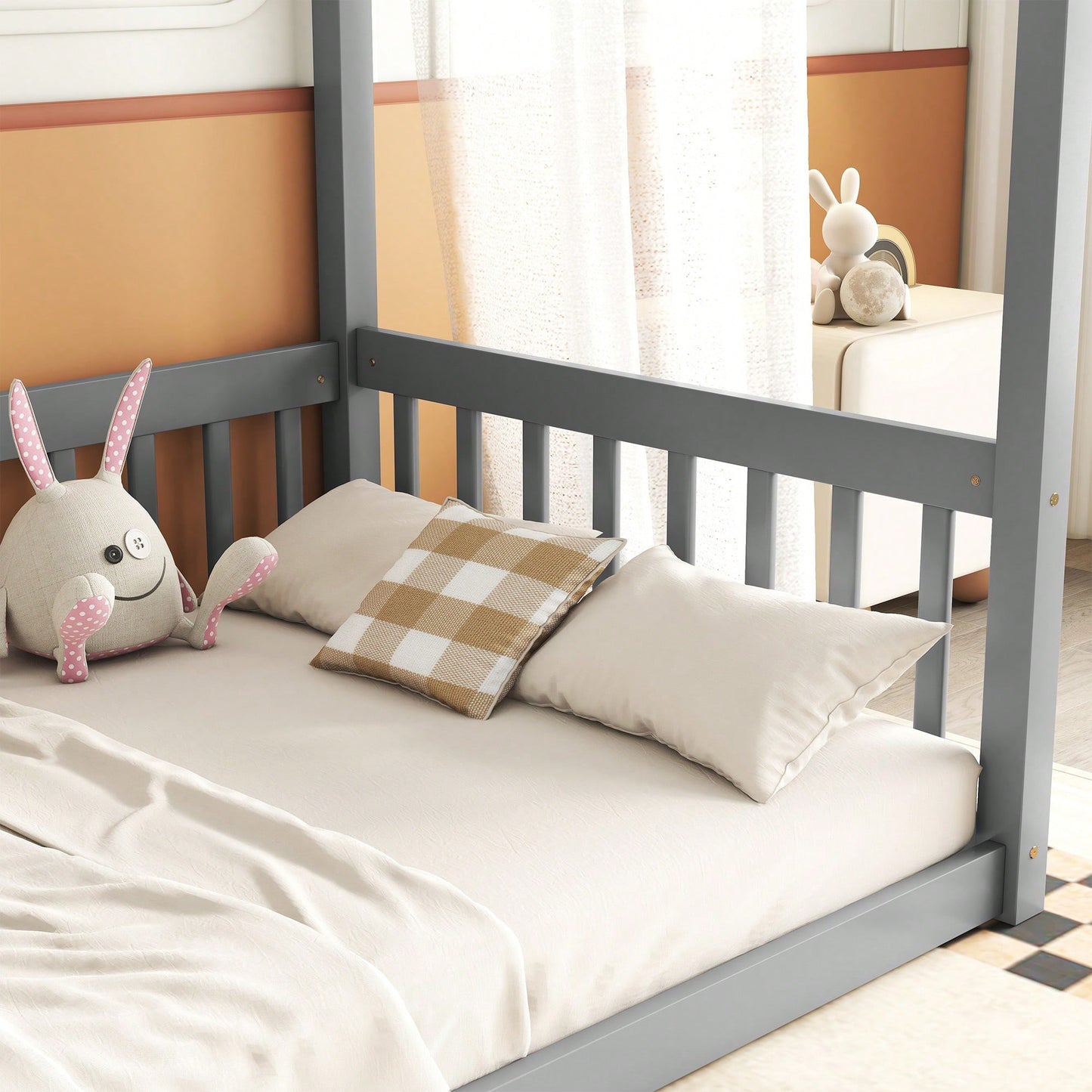Twin Size Canopy Floor Bed With Guardrails And Fence In Grey