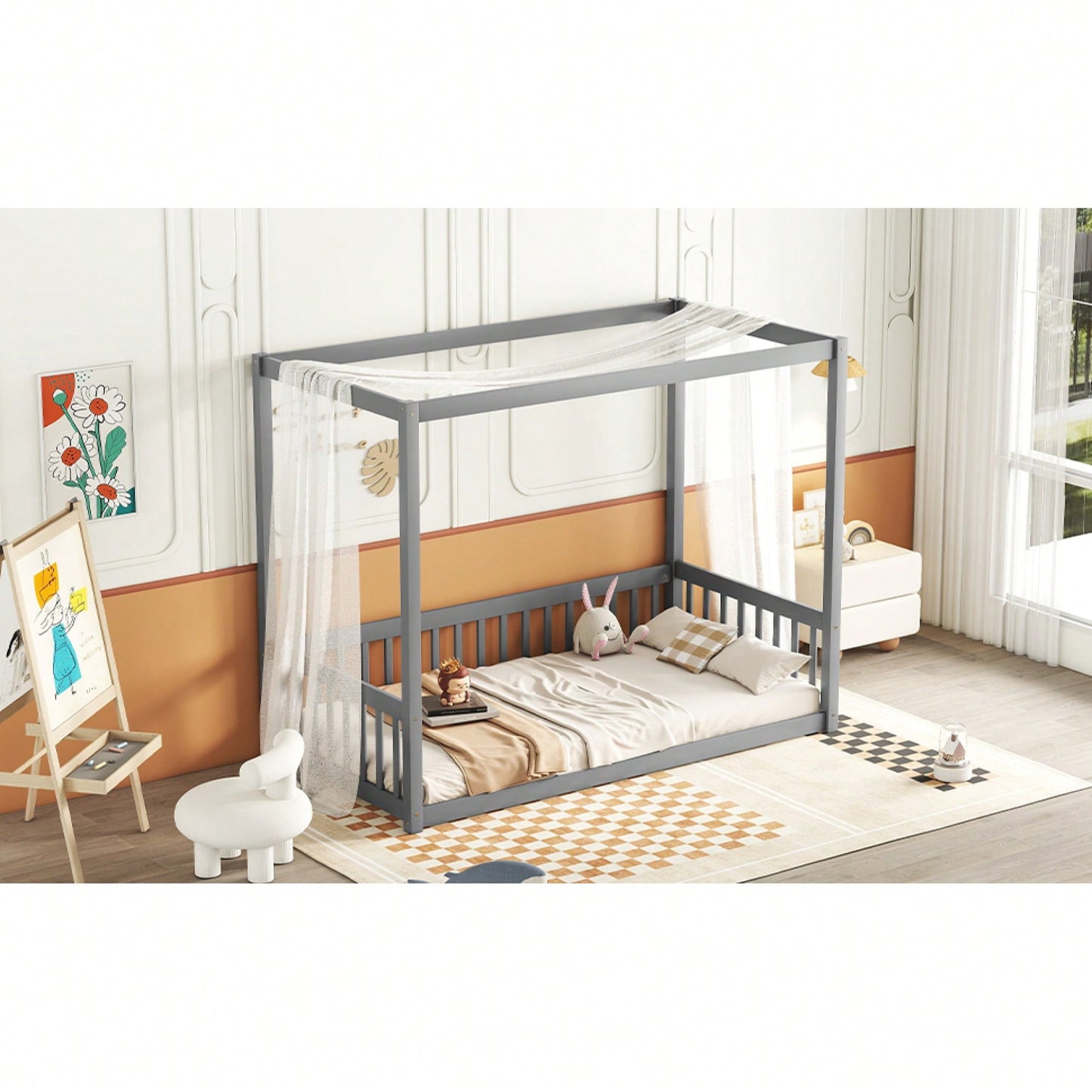 Twin Size Canopy Floor Bed With Guardrails And Fence In Grey