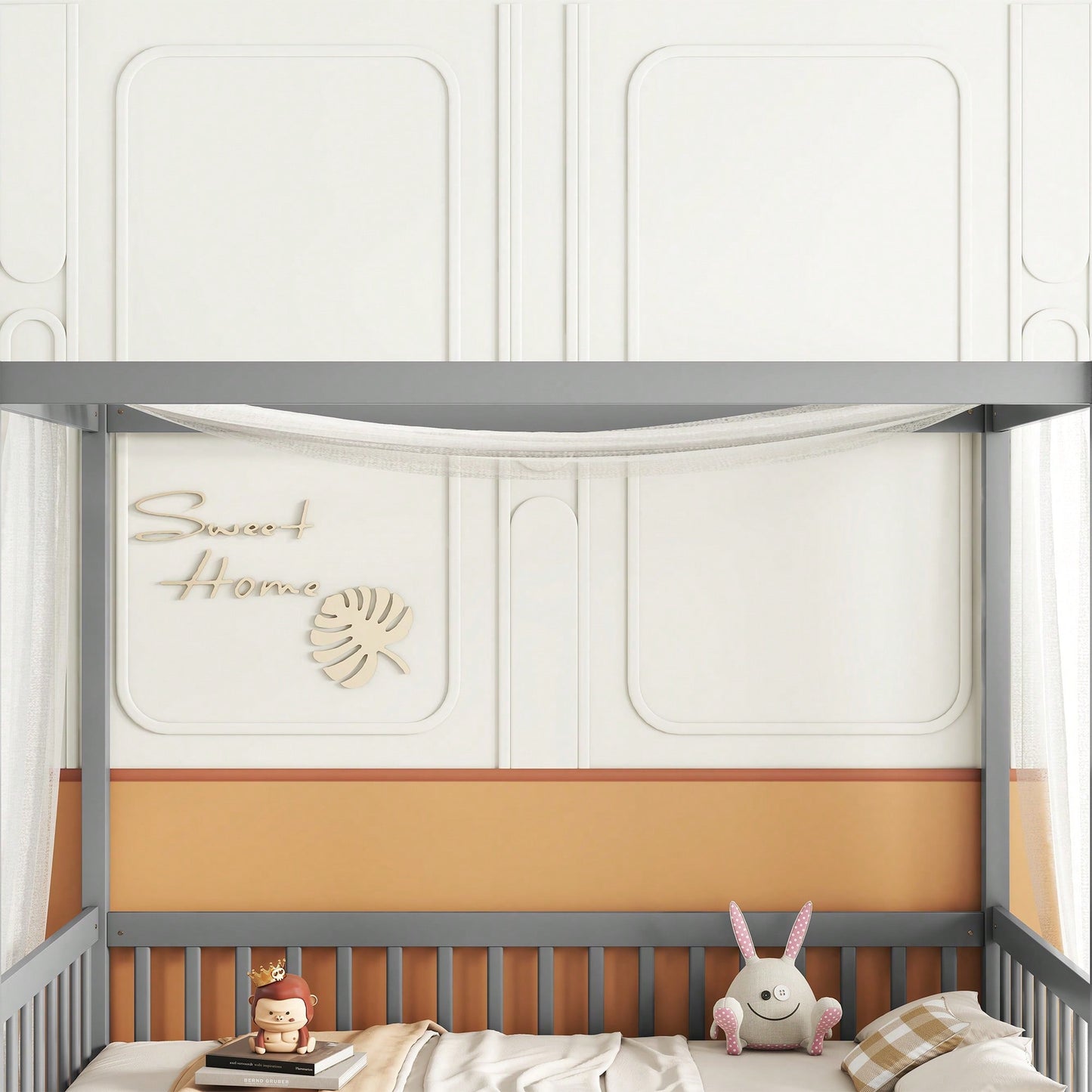 Twin Size Canopy Floor Bed With Guardrails And Fence In Grey