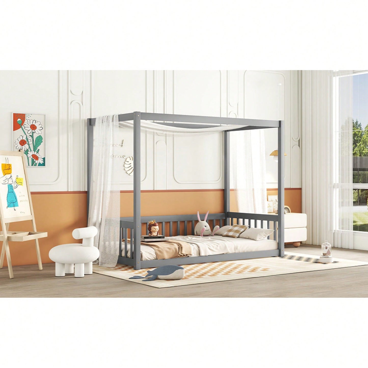 Twin Size Canopy Floor Bed With Guardrails And Fence In Grey
