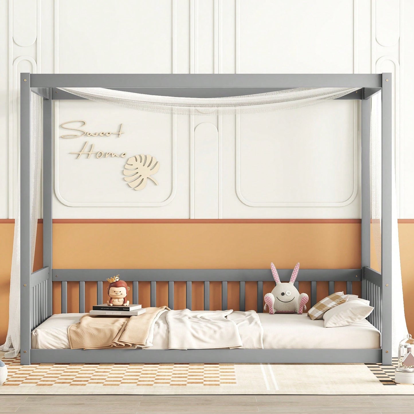 Twin Size Canopy Floor Bed With Guardrails And Fence In Grey