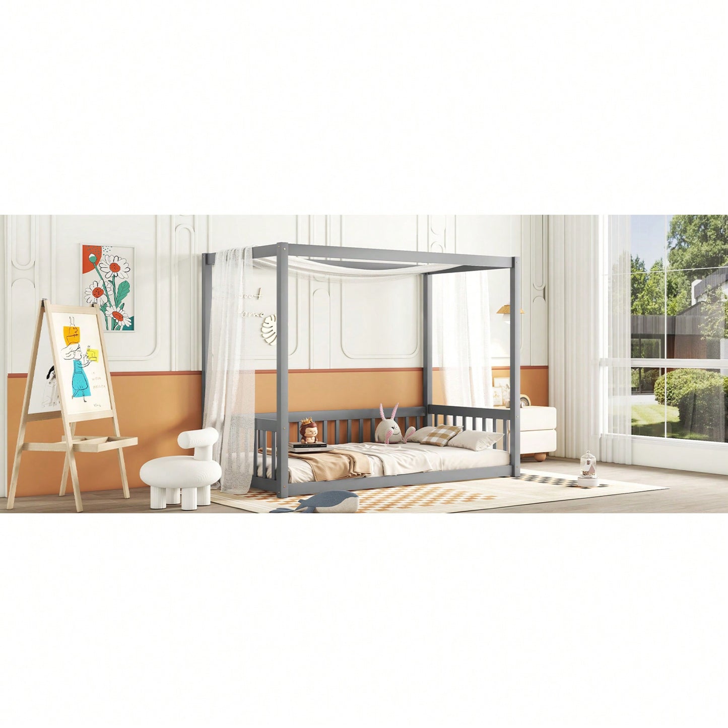 Twin Size Canopy Floor Bed With Guardrails And Fence In Grey