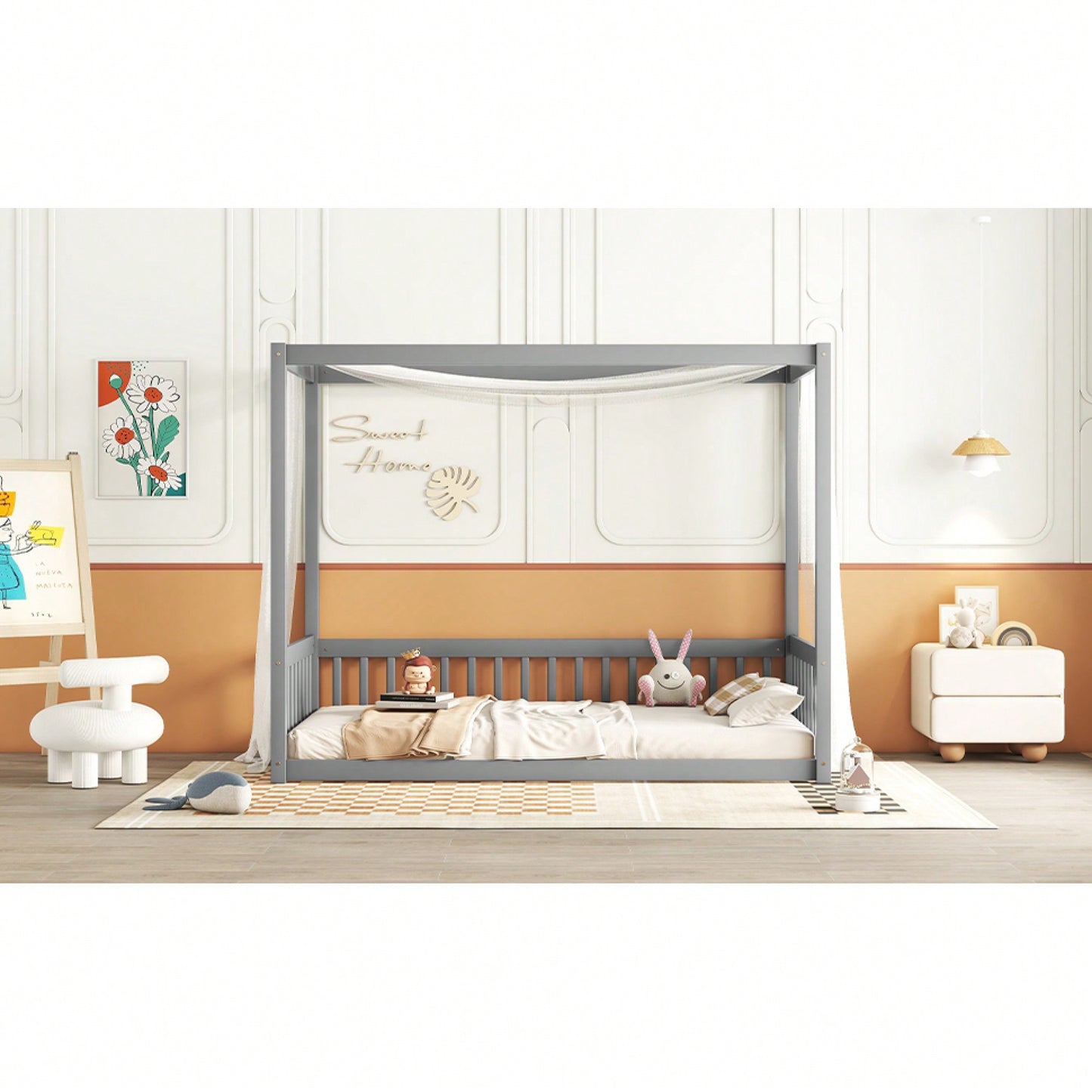 Twin Size Canopy Floor Bed With Guardrails And Fence In Grey