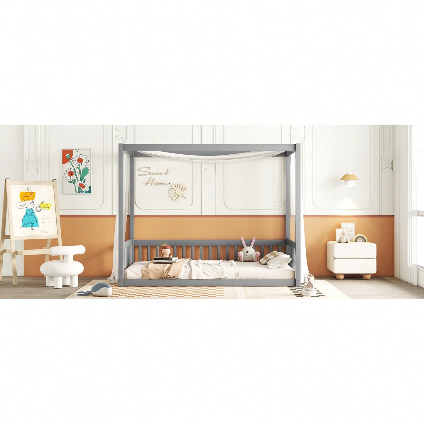 Twin Size Canopy Floor Bed With Guardrails And Fence In Grey