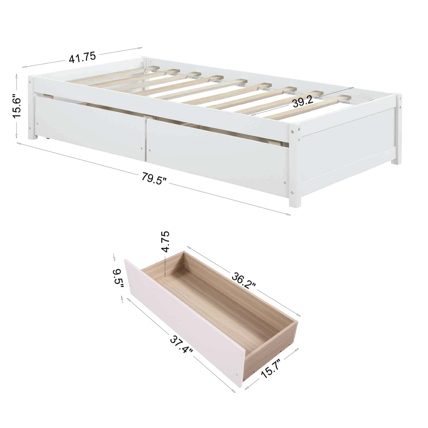 Solid Wood Twin Bed With 2 Storage Drawers No Box Spring Required
