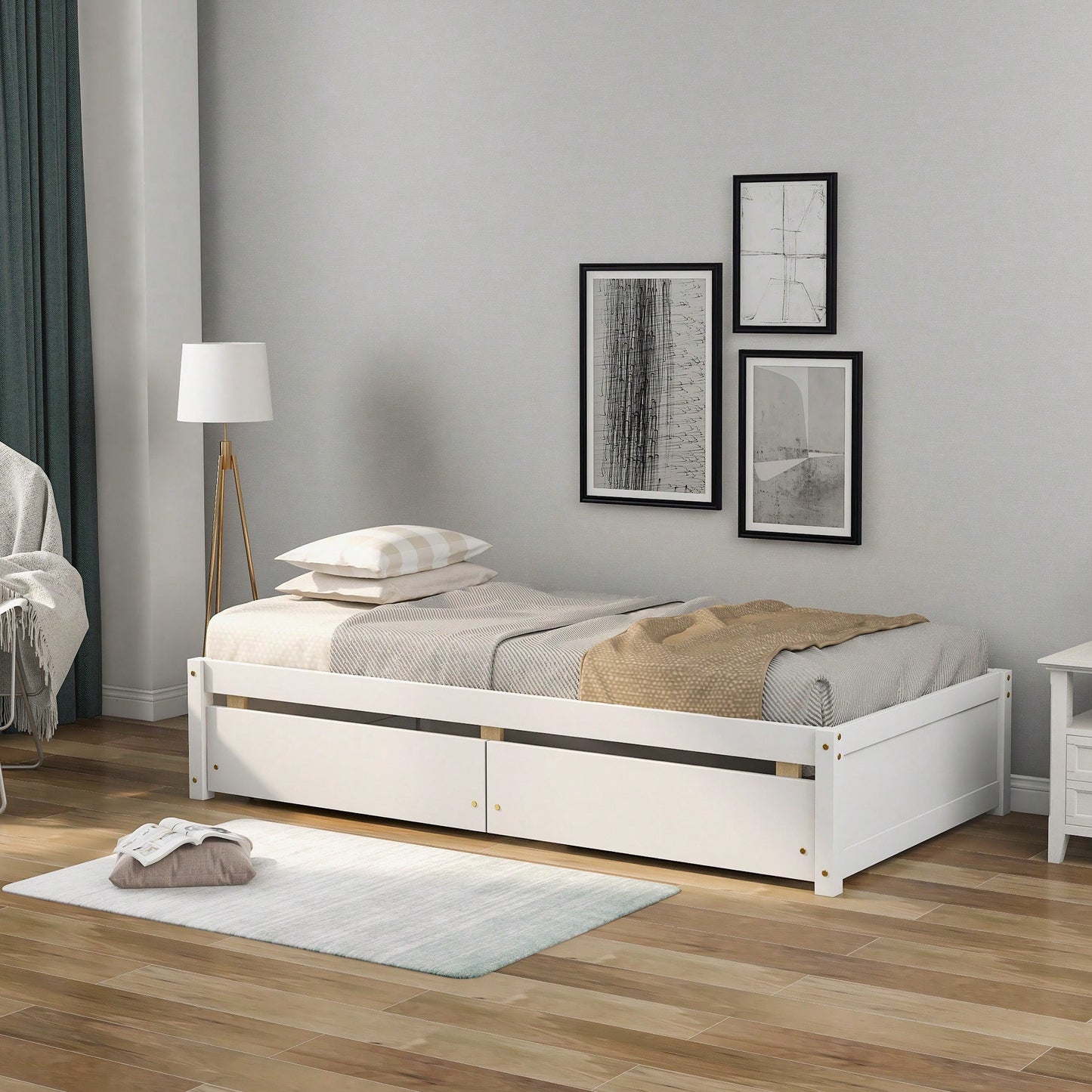 Solid Wood Twin Bed With 2 Storage Drawers No Box Spring Required