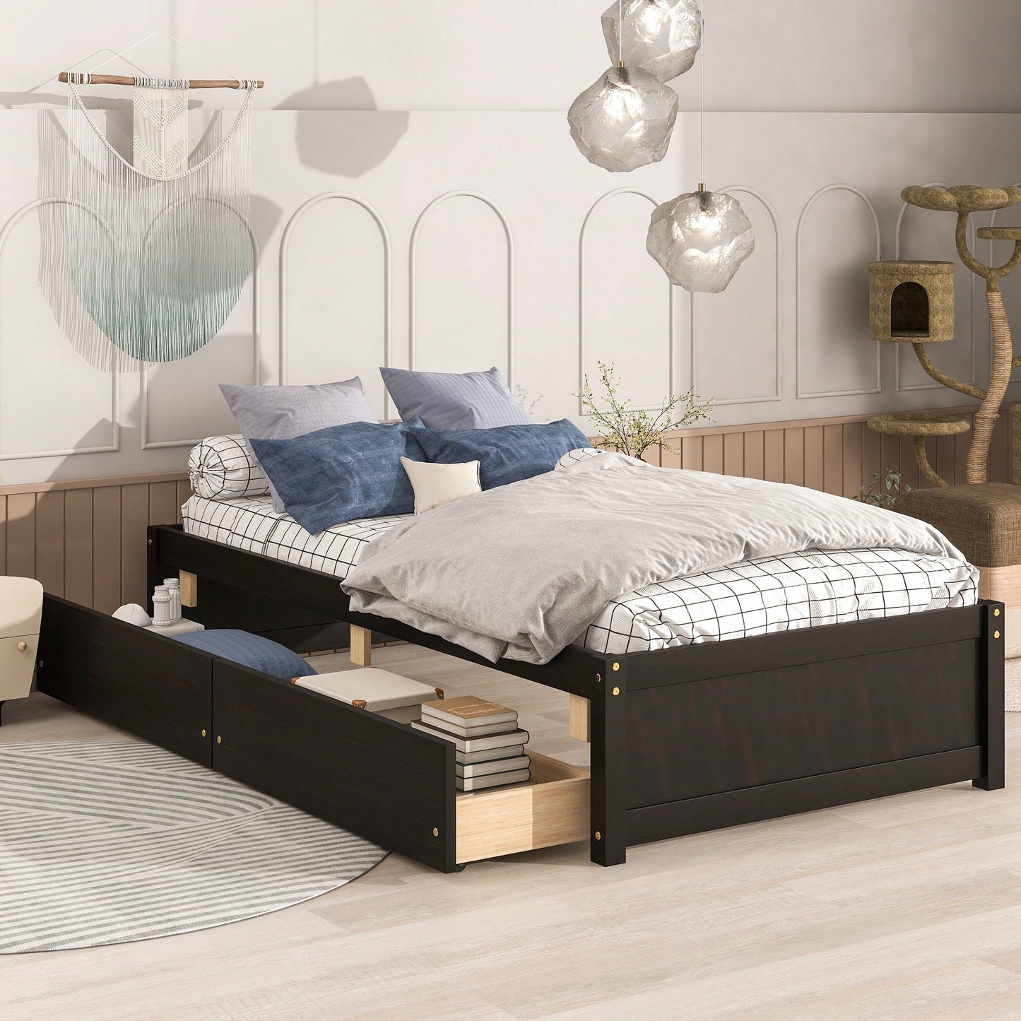 Solid Wood Twin Bed With 2 Storage Drawers No Box Spring Required