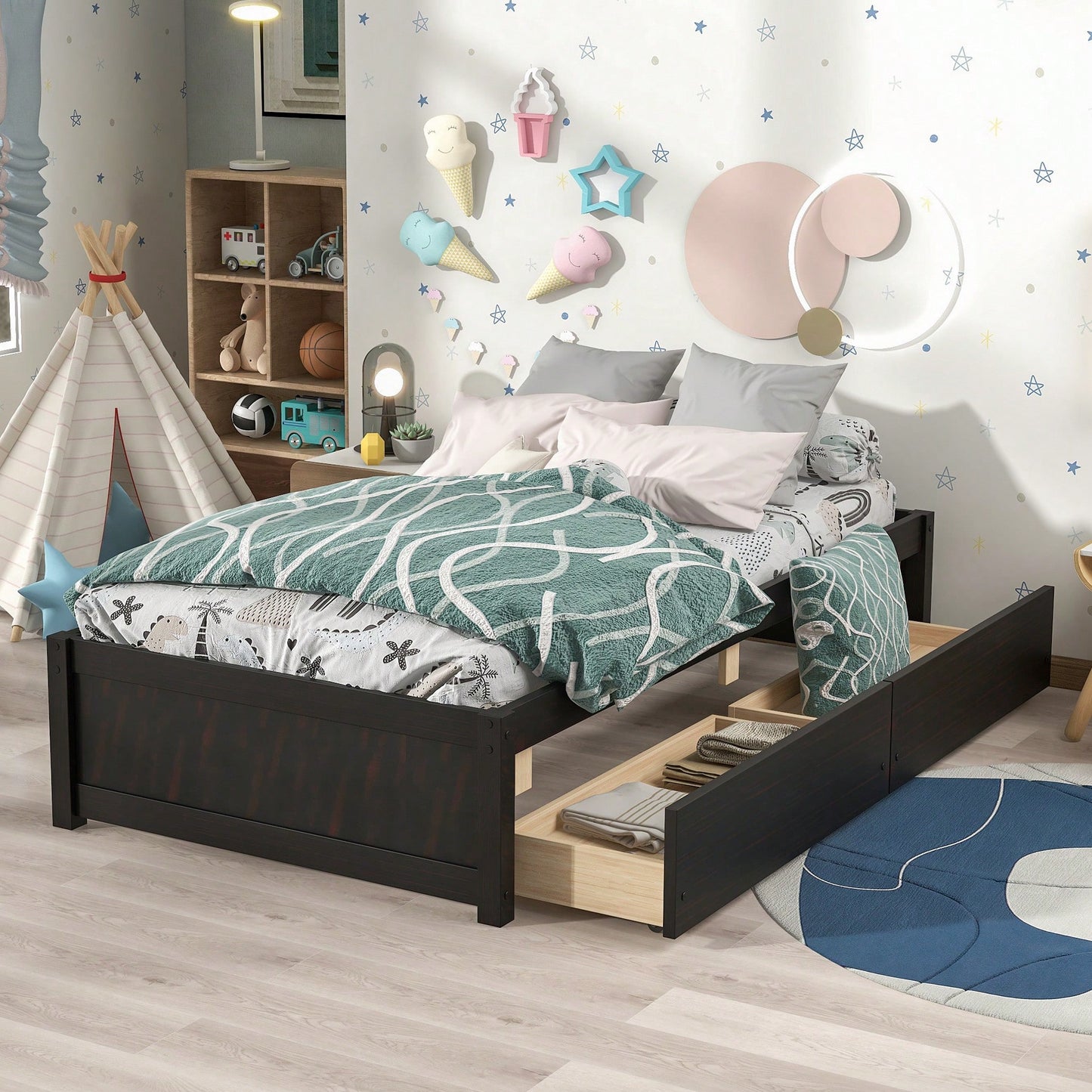 Solid Wood Twin Bed With 2 Storage Drawers No Box Spring Required