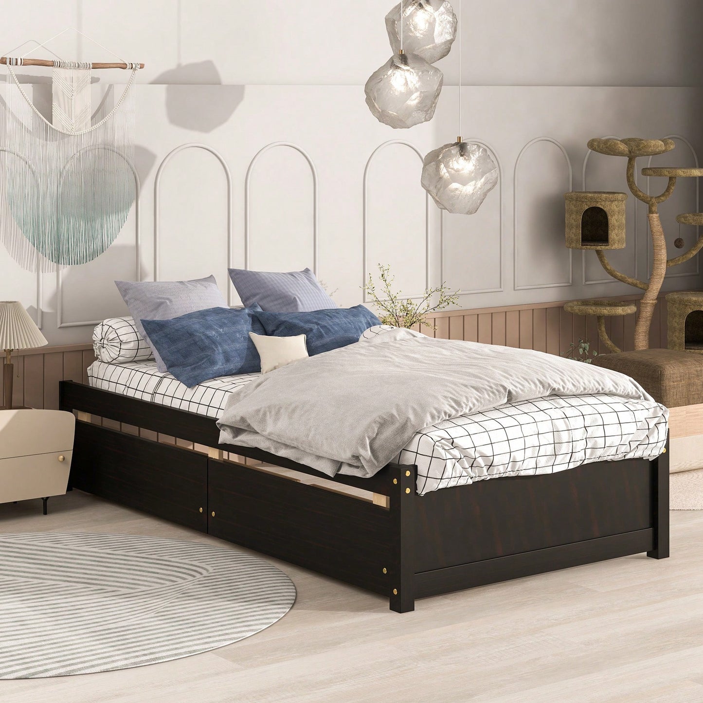 Solid Wood Twin Bed With 2 Storage Drawers No Box Spring Required