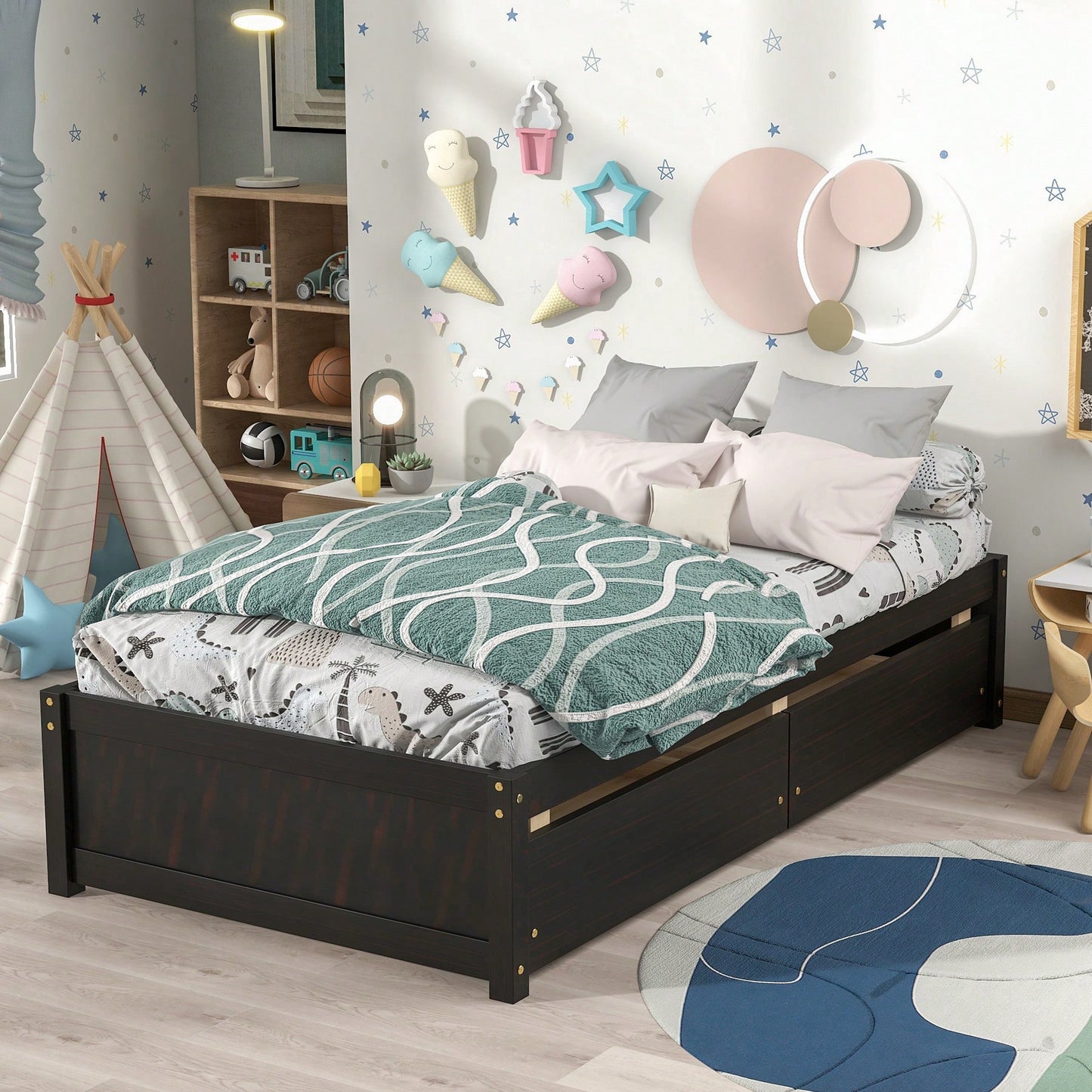 Solid Wood Twin Bed With 2 Storage Drawers No Box Spring Required