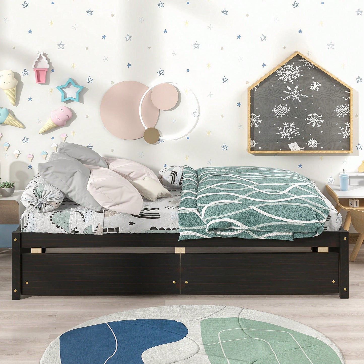 Solid Wood Twin Bed With 2 Storage Drawers No Box Spring Required