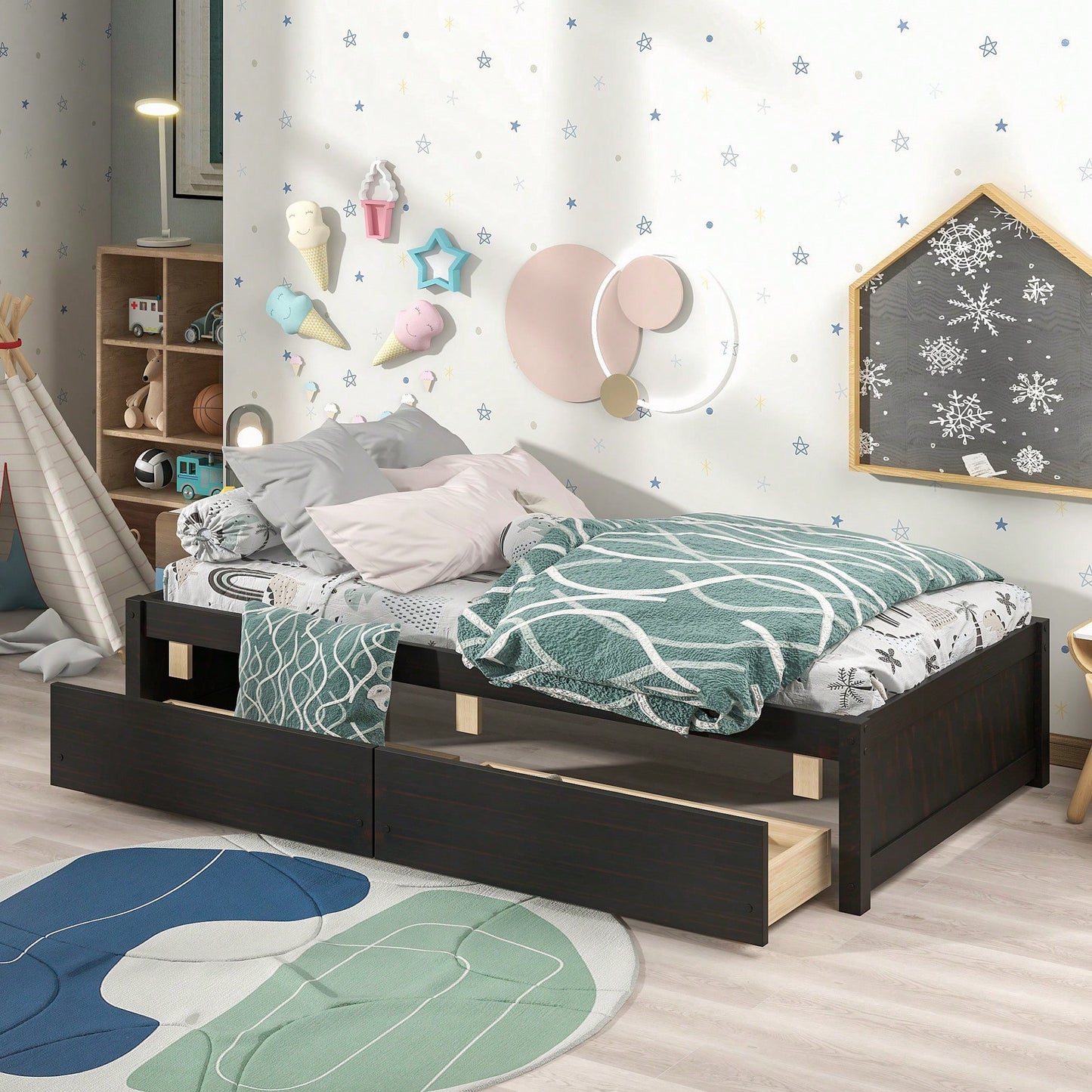 Solid Wood Twin Bed With 2 Storage Drawers No Box Spring Required