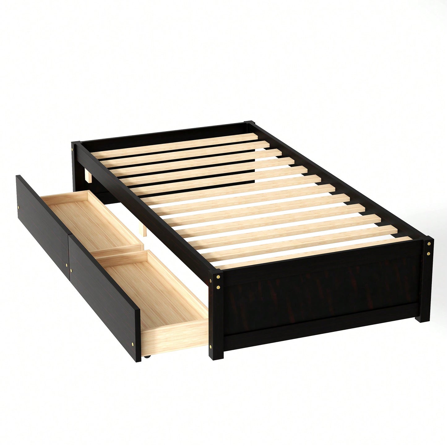 Solid Wood Twin Bed With 2 Storage Drawers No Box Spring Required