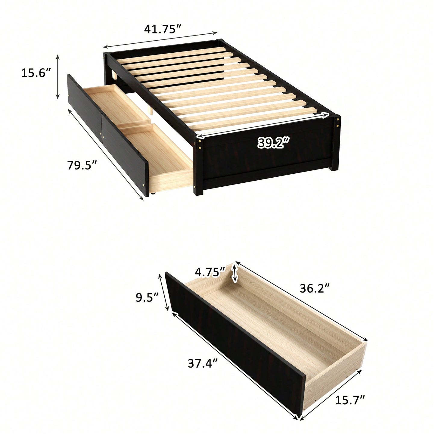 Solid Wood Twin Bed With 2 Storage Drawers No Box Spring Required