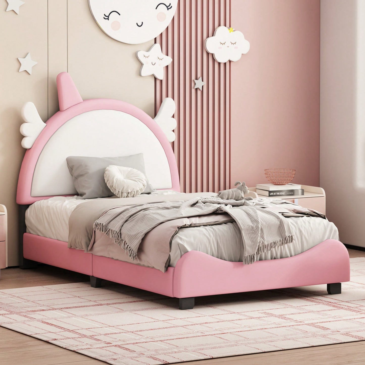 Adorable Twin Size Upholstered Bed With Unicorn Headboard And Footboard In White And Pink