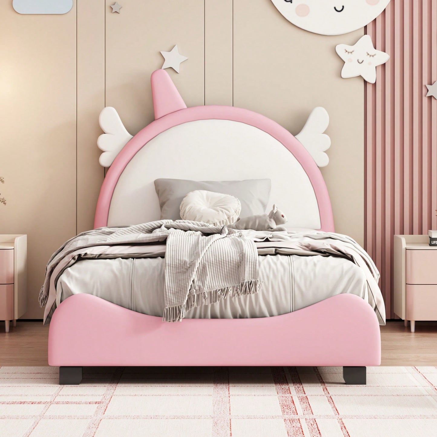 Adorable Twin Size Upholstered Bed With Unicorn Headboard And Footboard In White And Pink