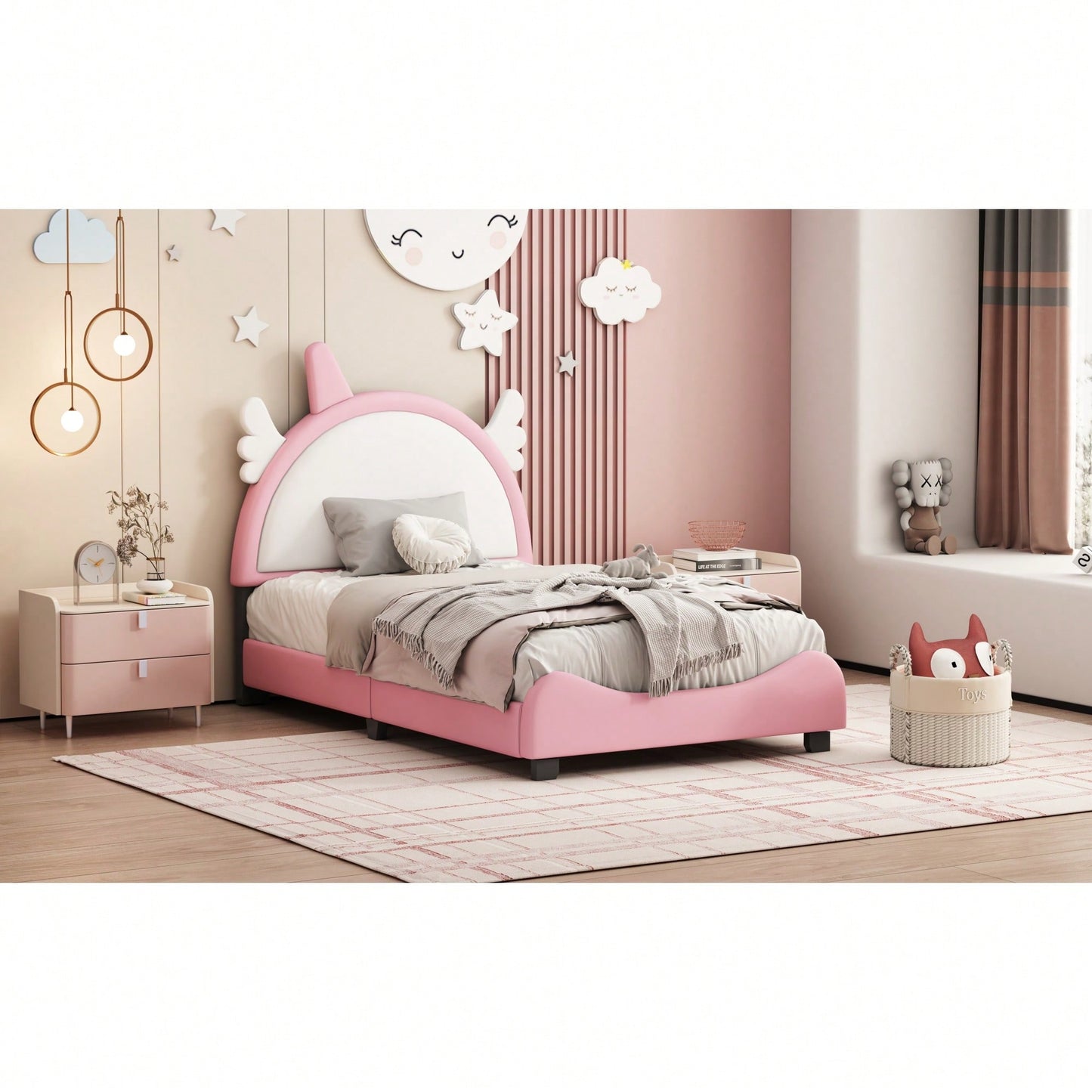 Adorable Twin Size Upholstered Bed With Unicorn Headboard And Footboard In White And Pink