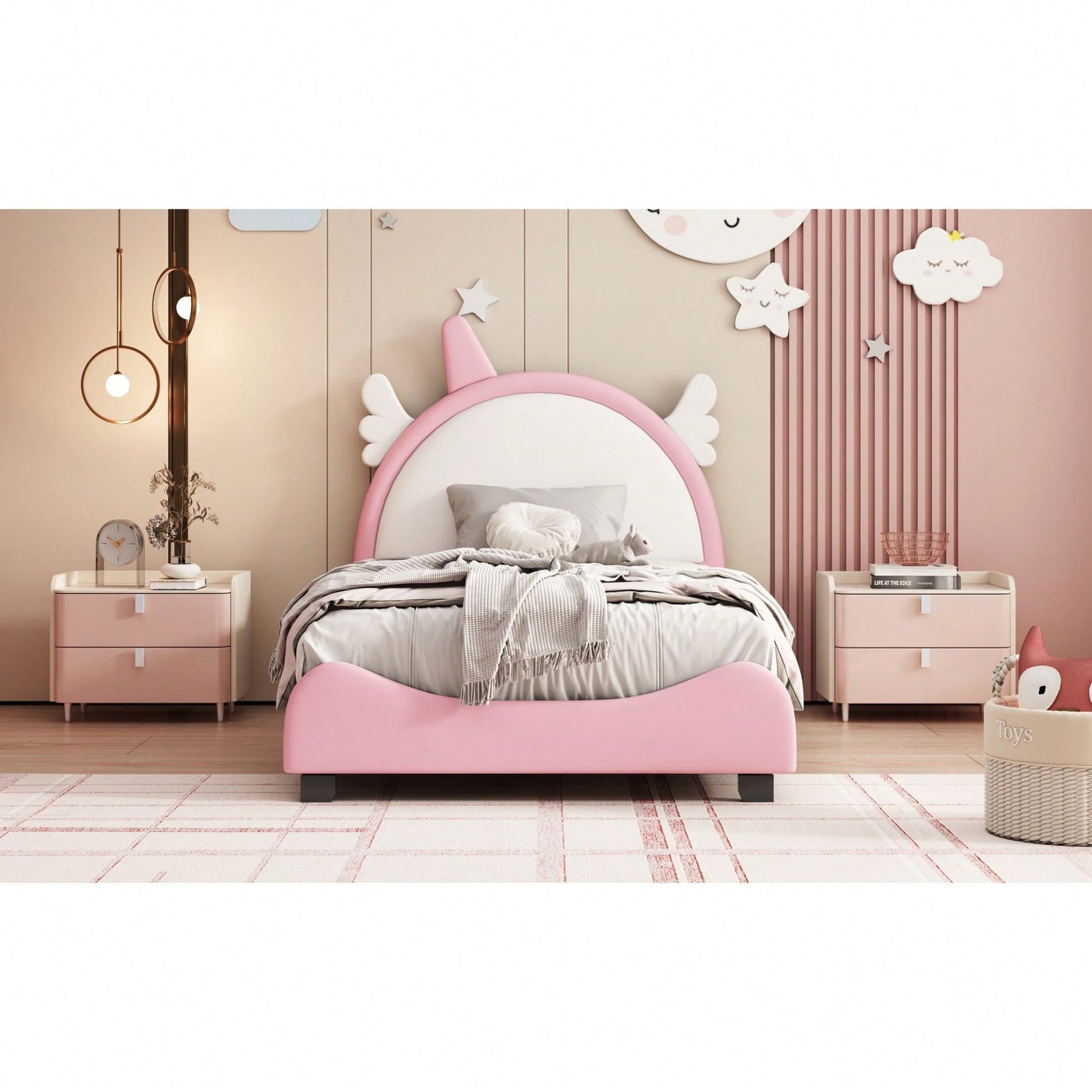 Adorable Twin Size Upholstered Bed With Unicorn Headboard And Footboard In White And Pink