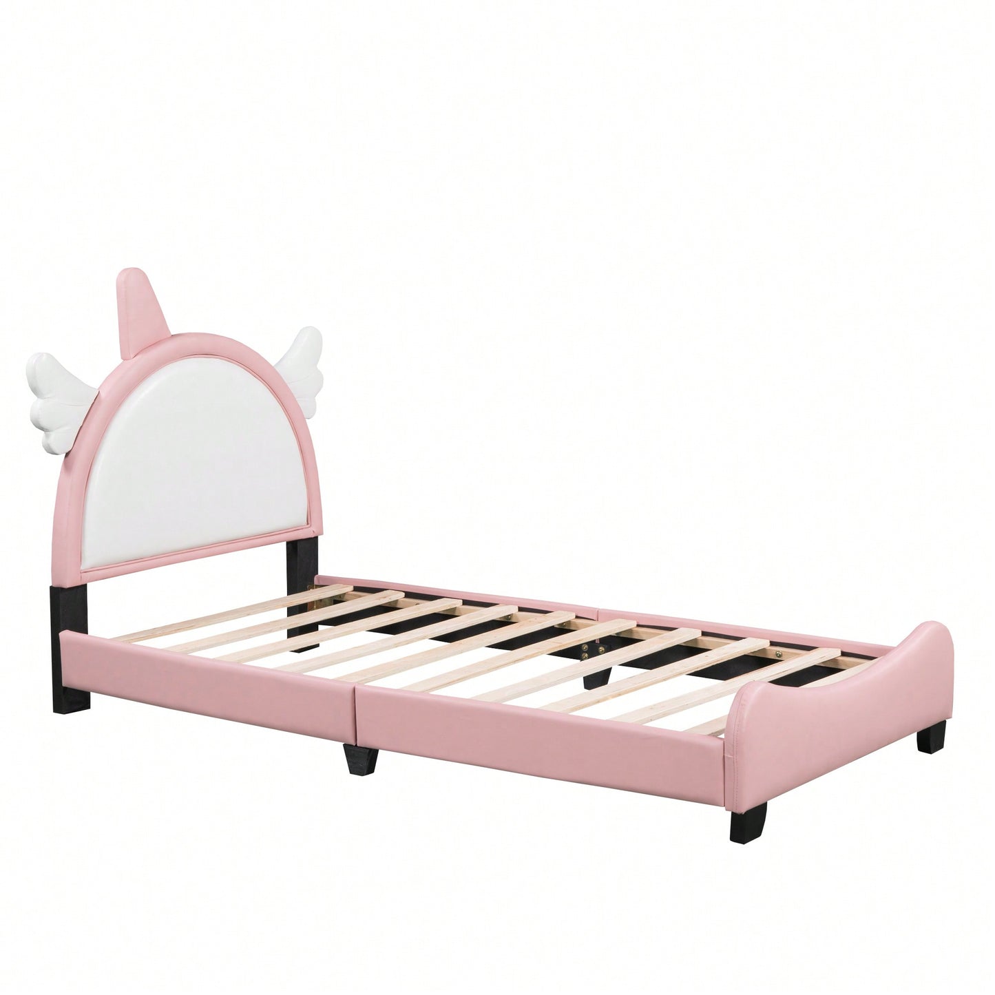 Adorable Twin Size Upholstered Bed With Unicorn Headboard And Footboard In White And Pink