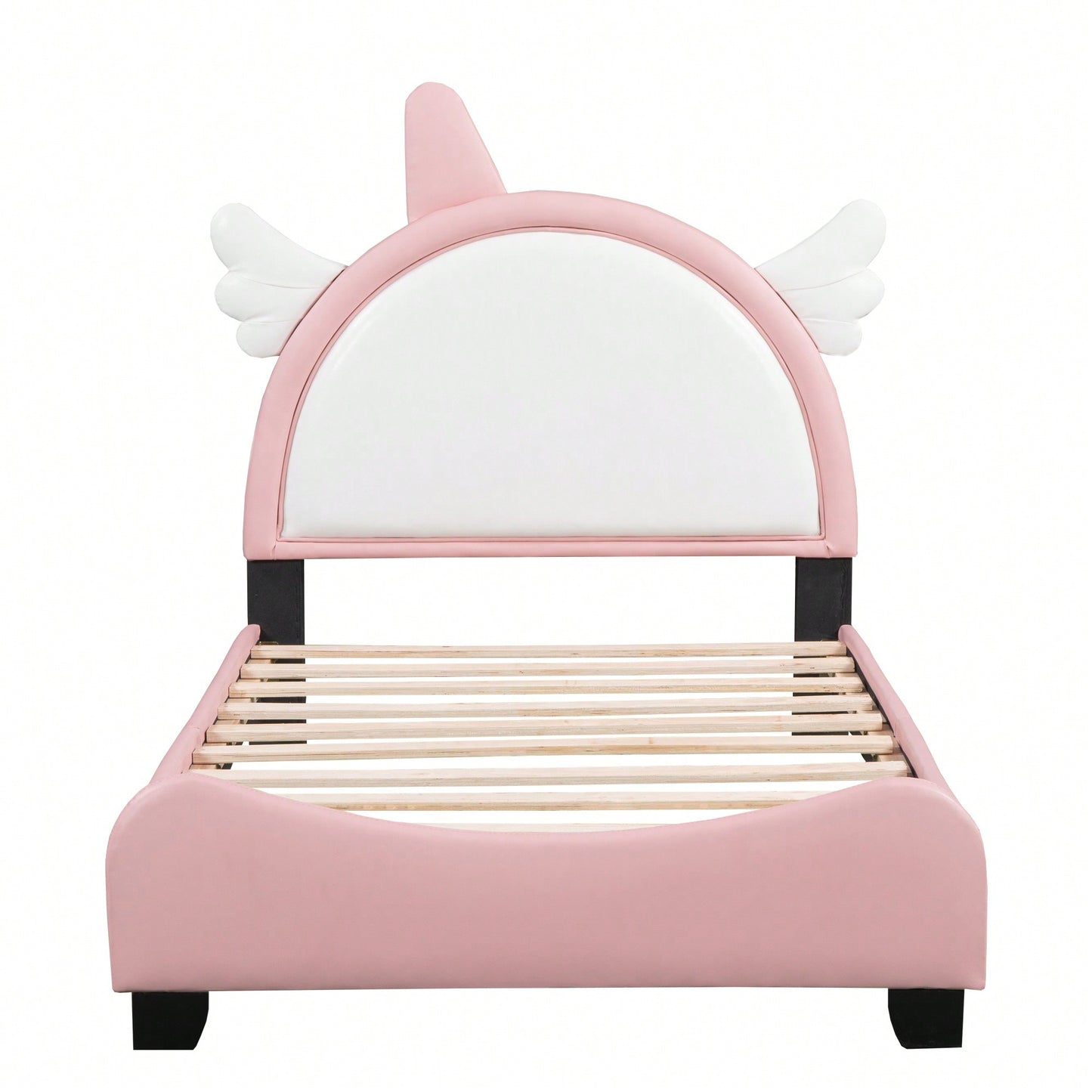 Adorable Twin Size Upholstered Bed With Unicorn Headboard And Footboard In White And Pink