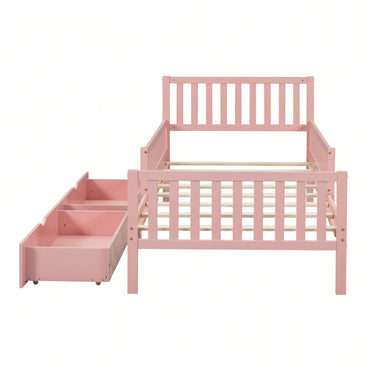 Twin Size Wood Platform Bed With Safety Guardrails And Dual Storage Drawers In Pink