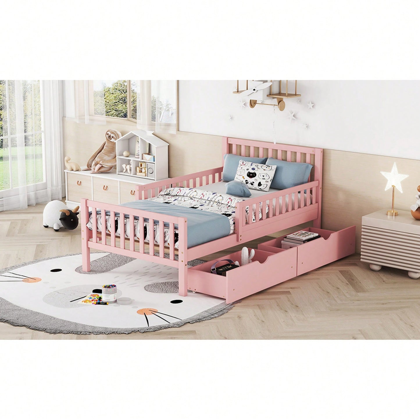 Twin Size Wood Platform Bed With Safety Guardrails And Dual Storage Drawers In Pink