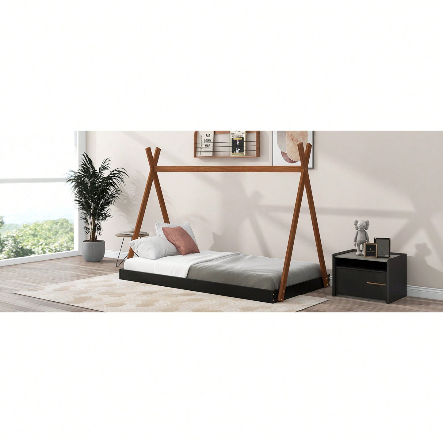 Twin Size Triangle Structure Tent Floor Bed In Black And Brown