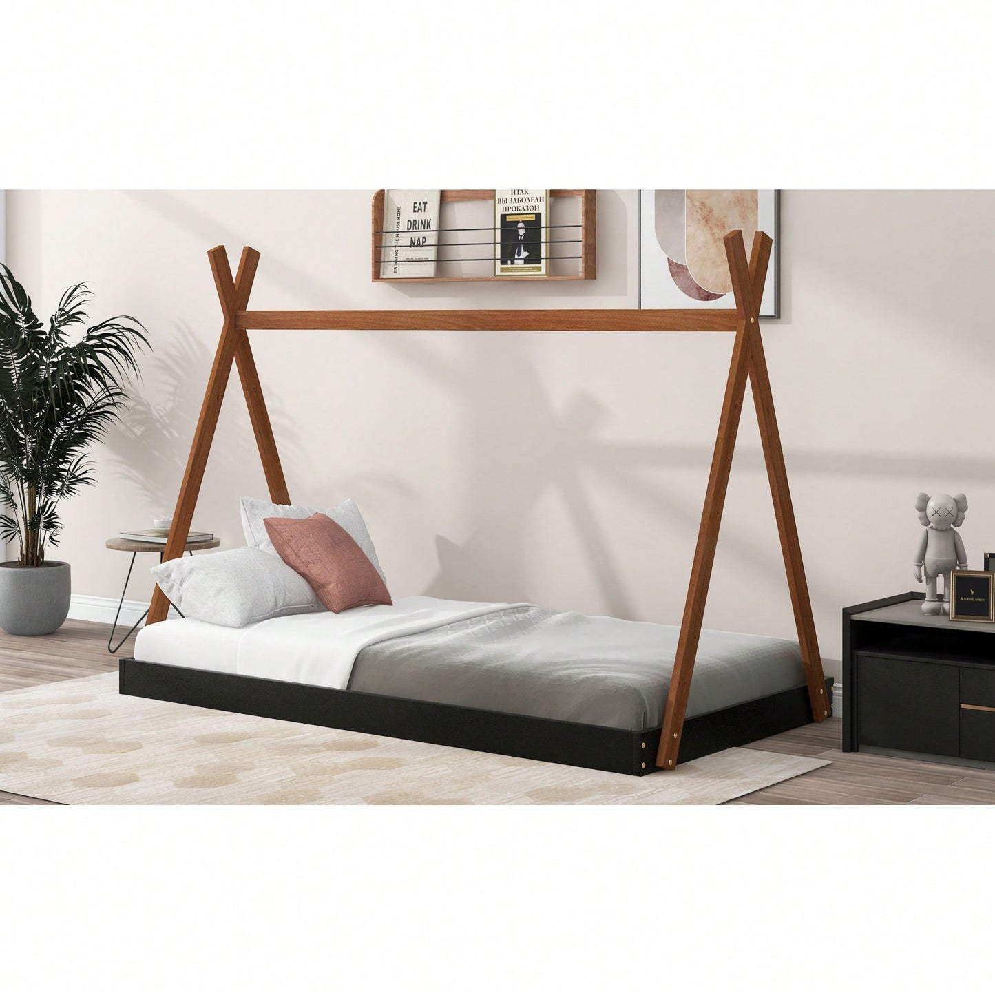 Twin Size Triangle Structure Tent Floor Bed In Black And Brown