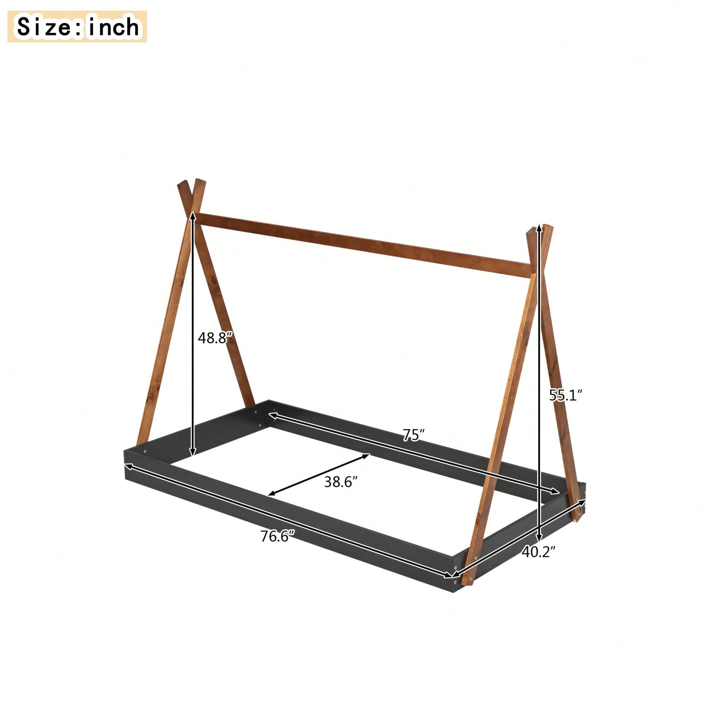 Twin Size Triangle Structure Tent Floor Bed In Black And Brown