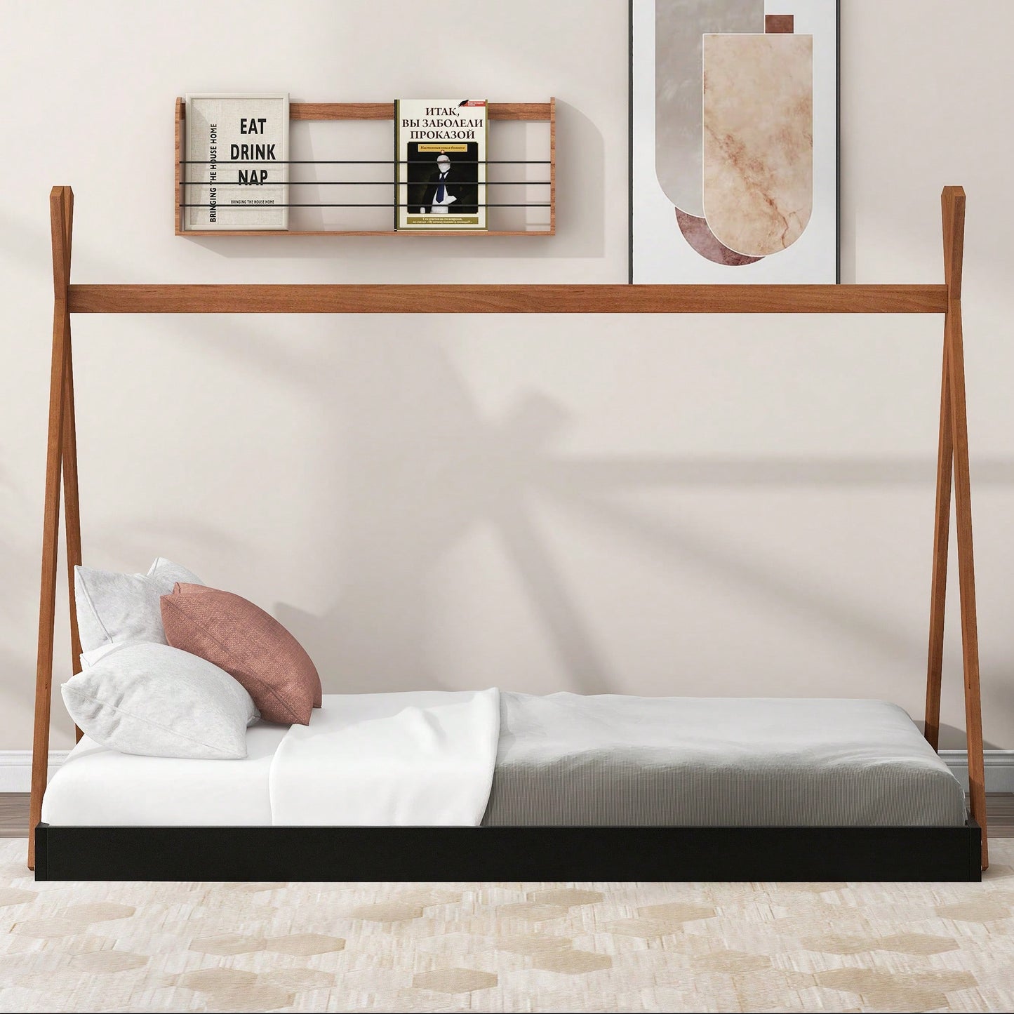 Twin Size Triangle Structure Tent Floor Bed In Black And Brown