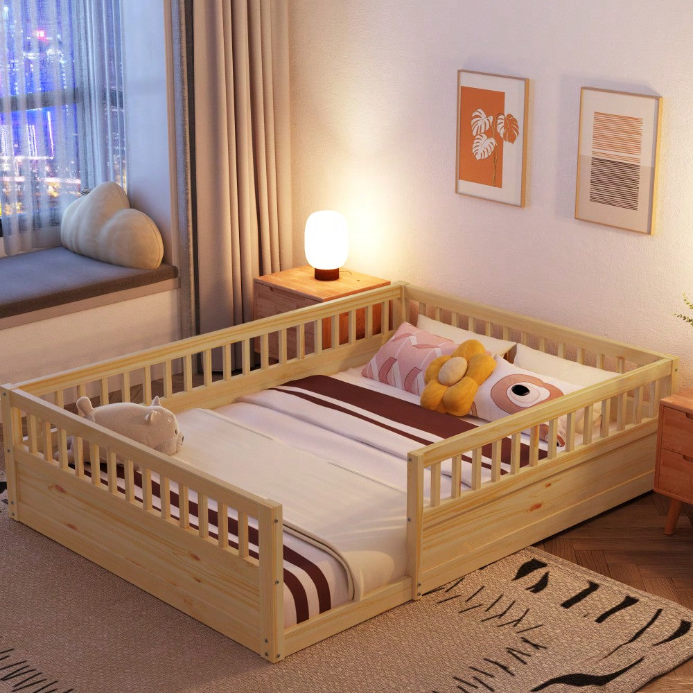 Natural Wood Full Floor Bed Frame With Safety Fence For Kids Bedroom And Playroom