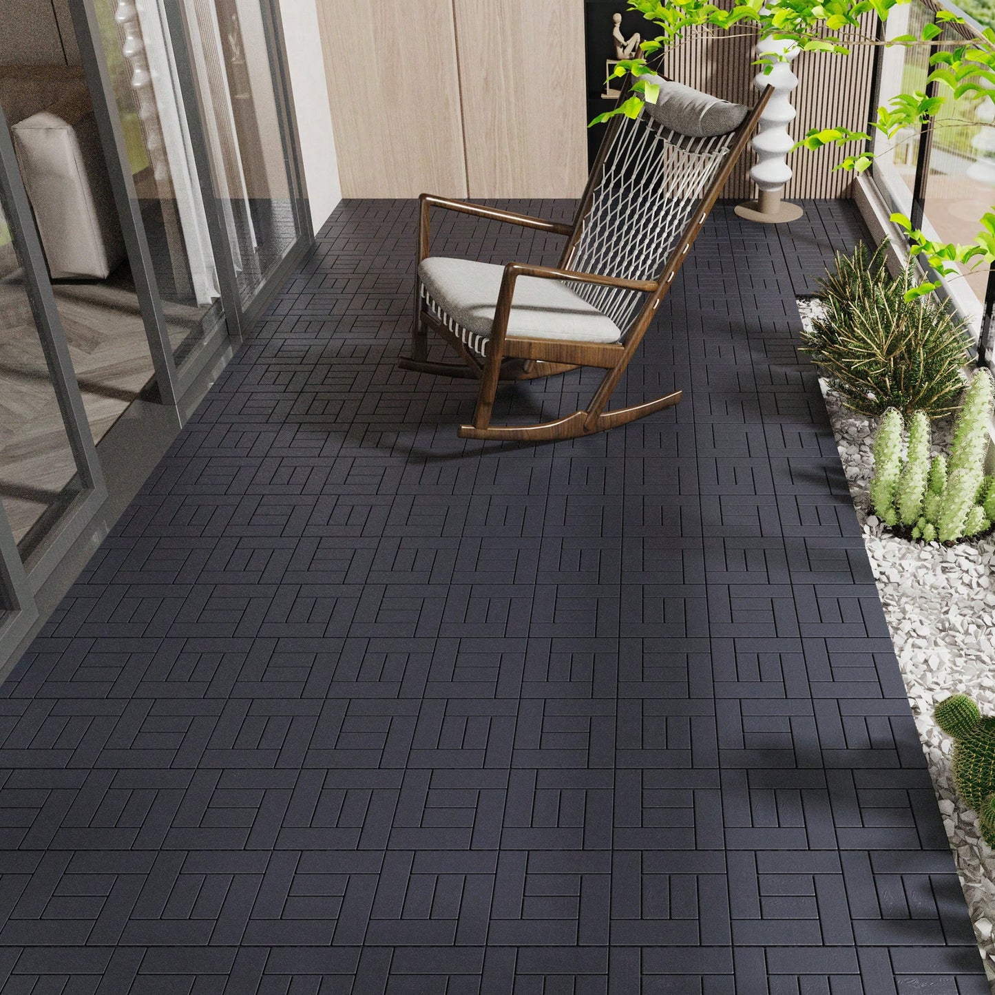 Interlocking 12 Inch Patio Deck Tiles For Easy DIY Installation - Dark Gray Court Tiles For Porch Poolside Balcony And Backyard - 44 Pack