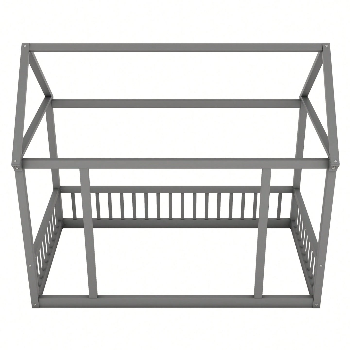 Wooden Twin Size Floor Bed With House Roof Frame And Safety Guardrails In Natural Finish