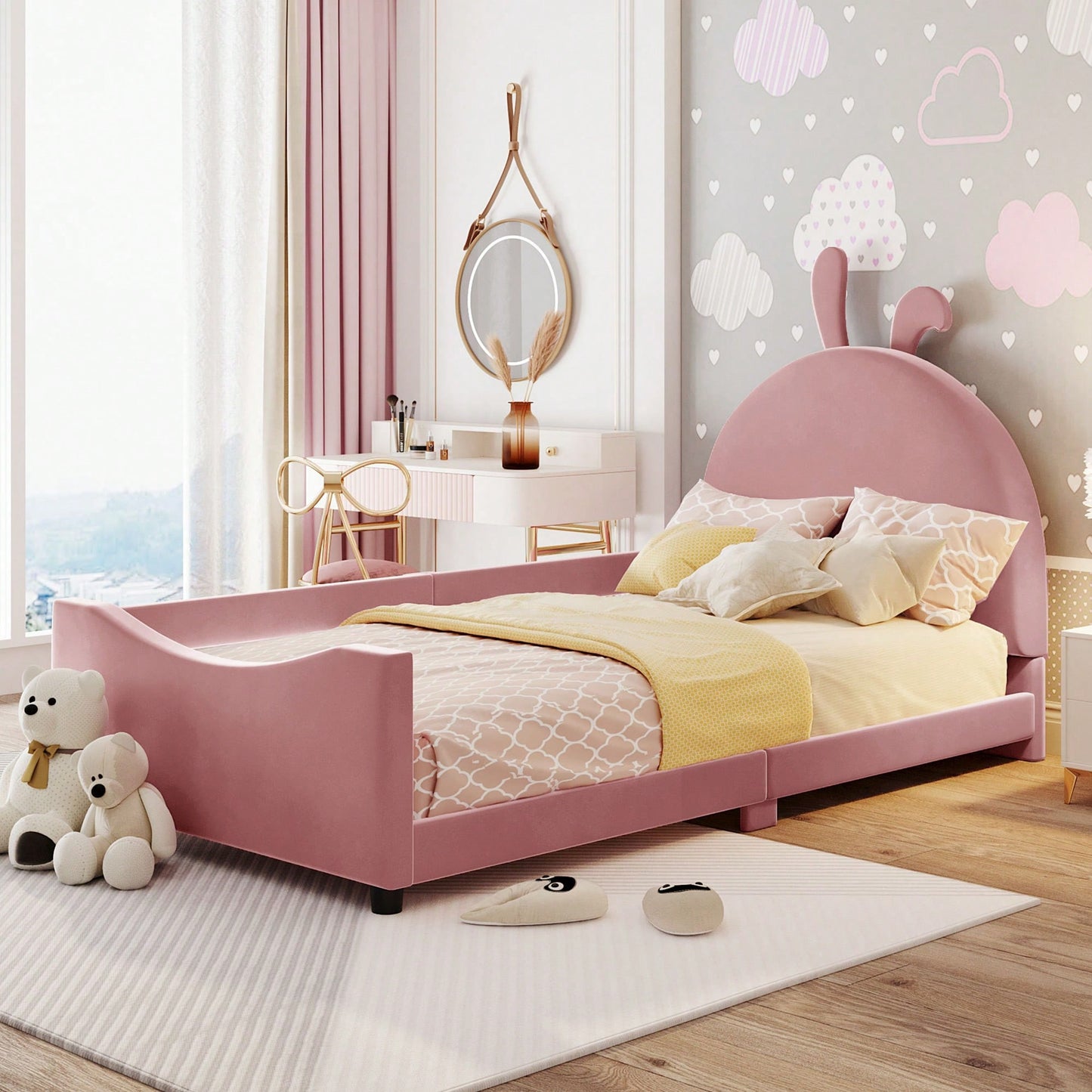 Pink Twin Size Upholstered Daybed With Cute Rabbit Ear Headboard