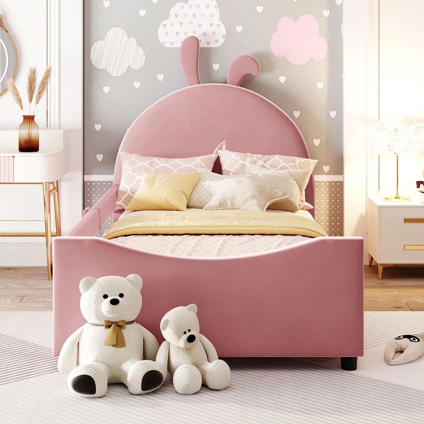 Pink Twin Size Upholstered Daybed With Cute Rabbit Ear Headboard
