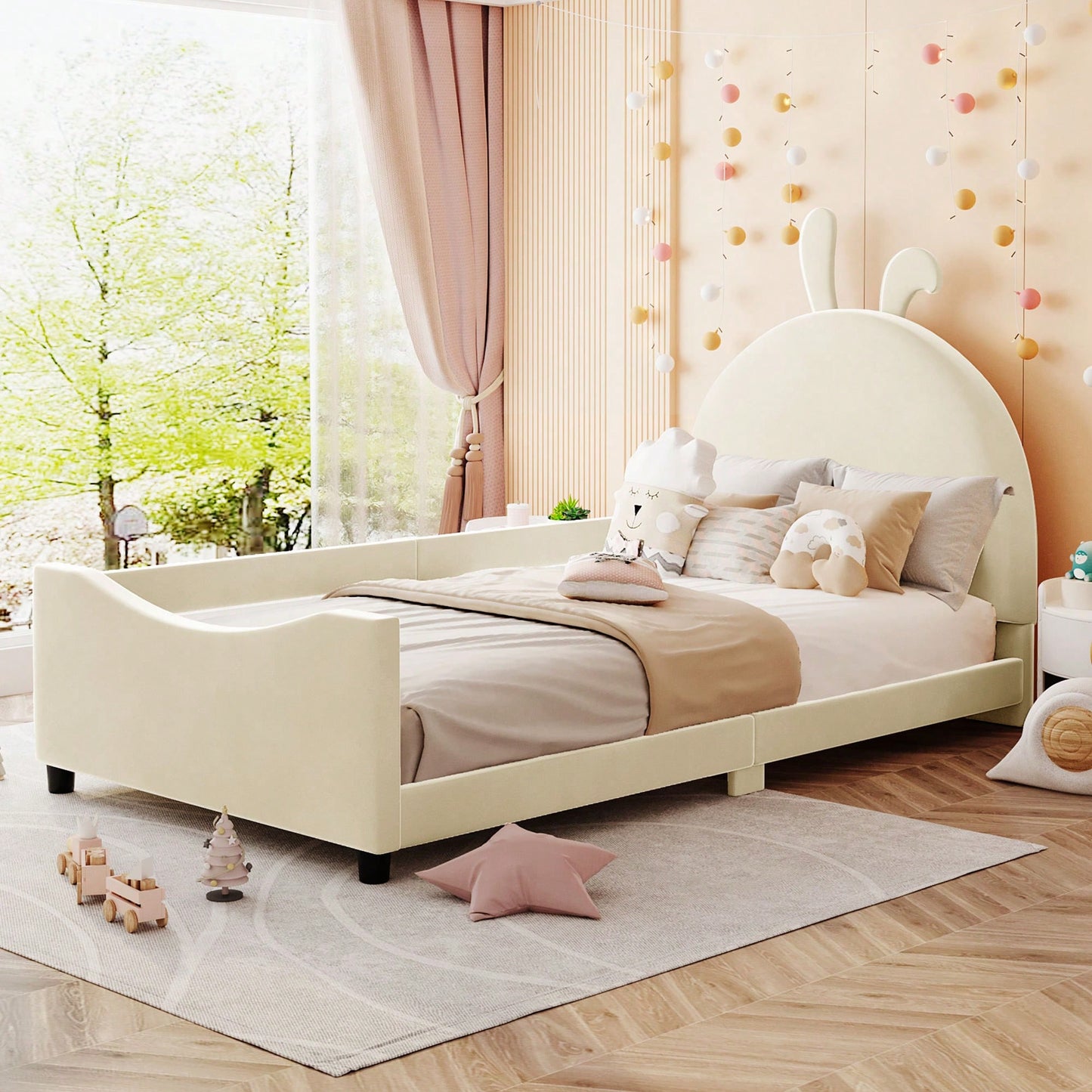 Pink Twin Size Upholstered Daybed With Cute Rabbit Ear Headboard