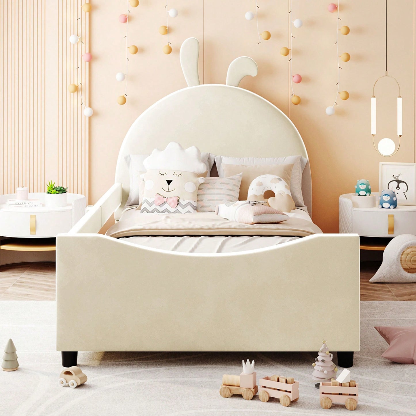 Pink Twin Size Upholstered Daybed With Cute Rabbit Ear Headboard