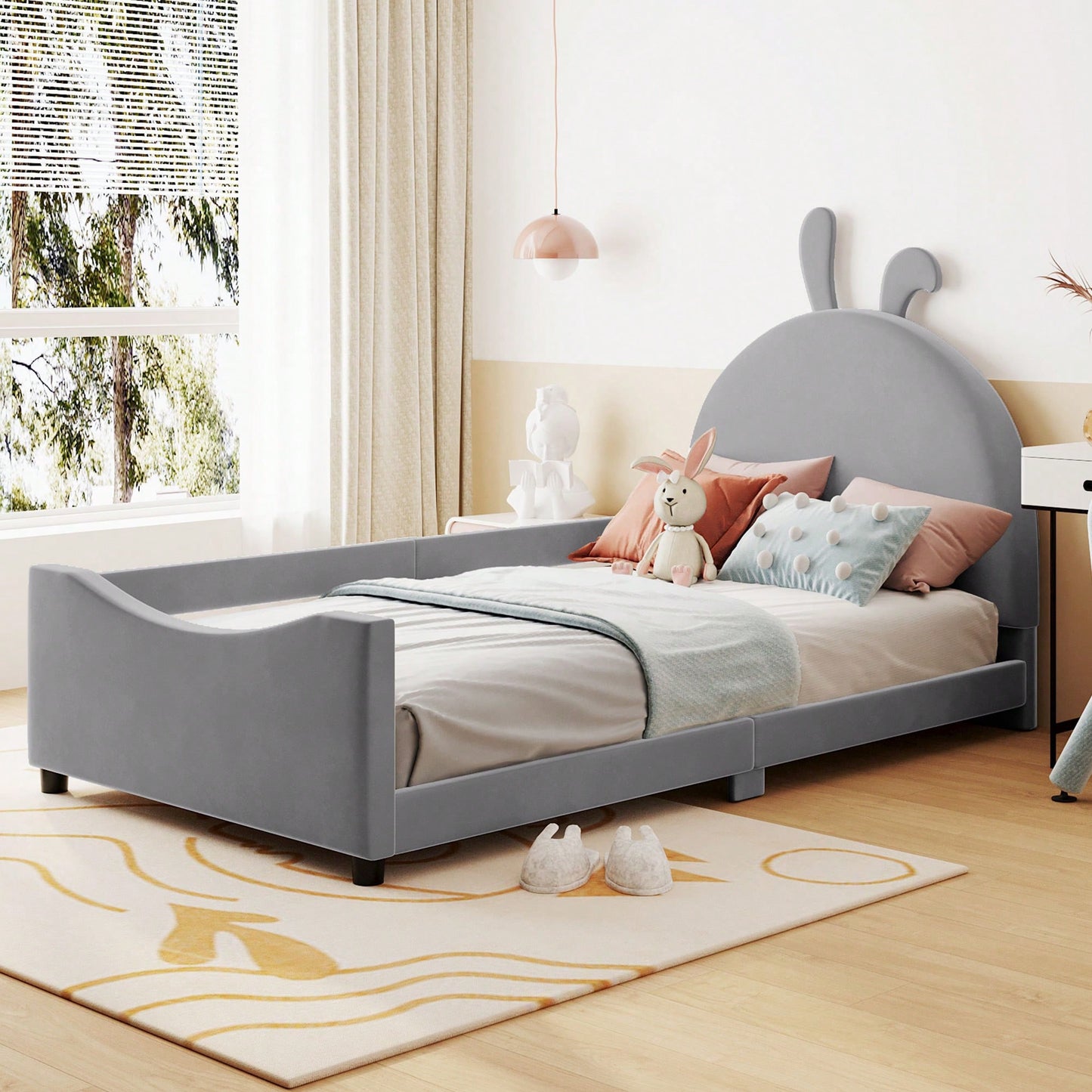 Pink Twin Size Upholstered Daybed With Cute Rabbit Ear Headboard