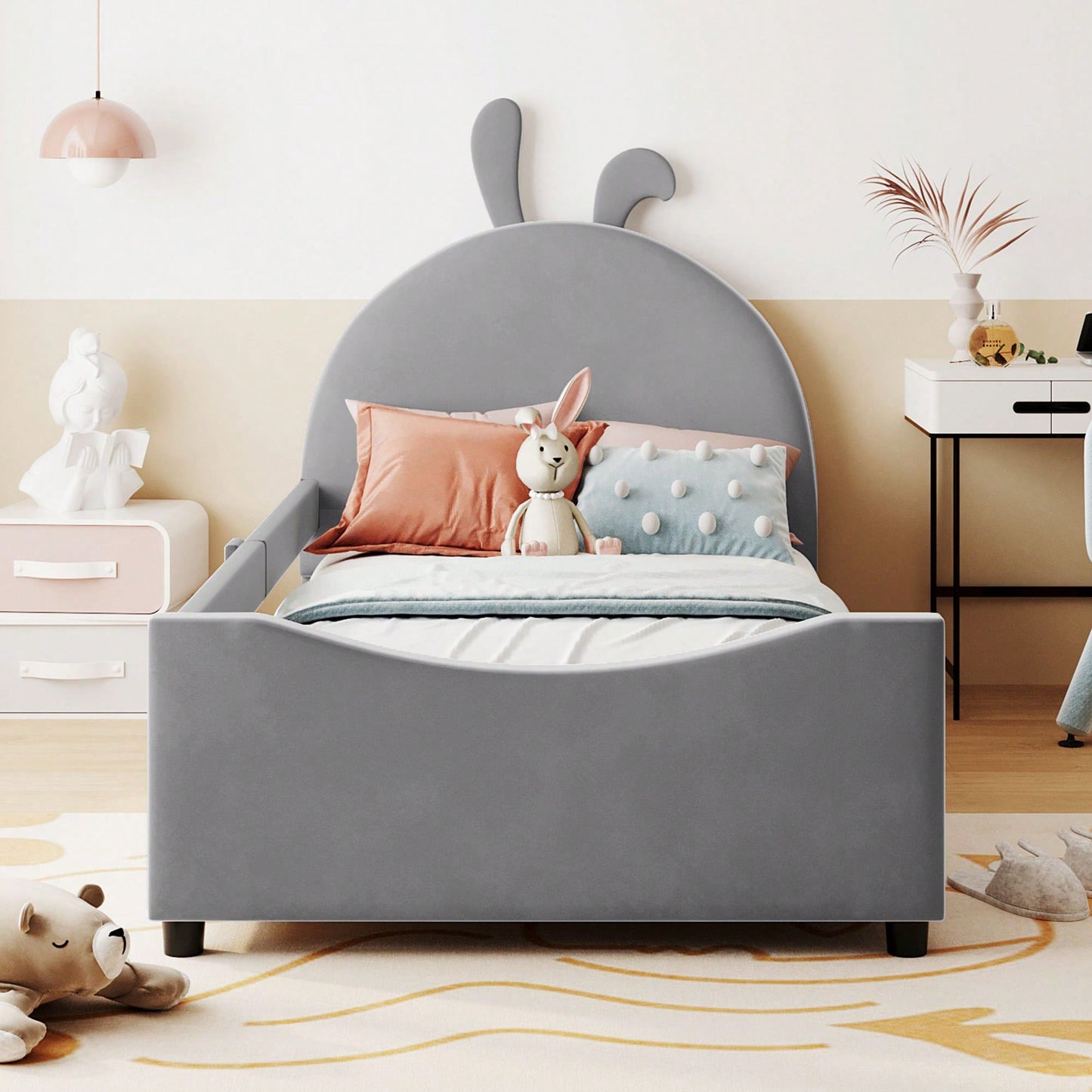Pink Twin Size Upholstered Daybed With Cute Rabbit Ear Headboard