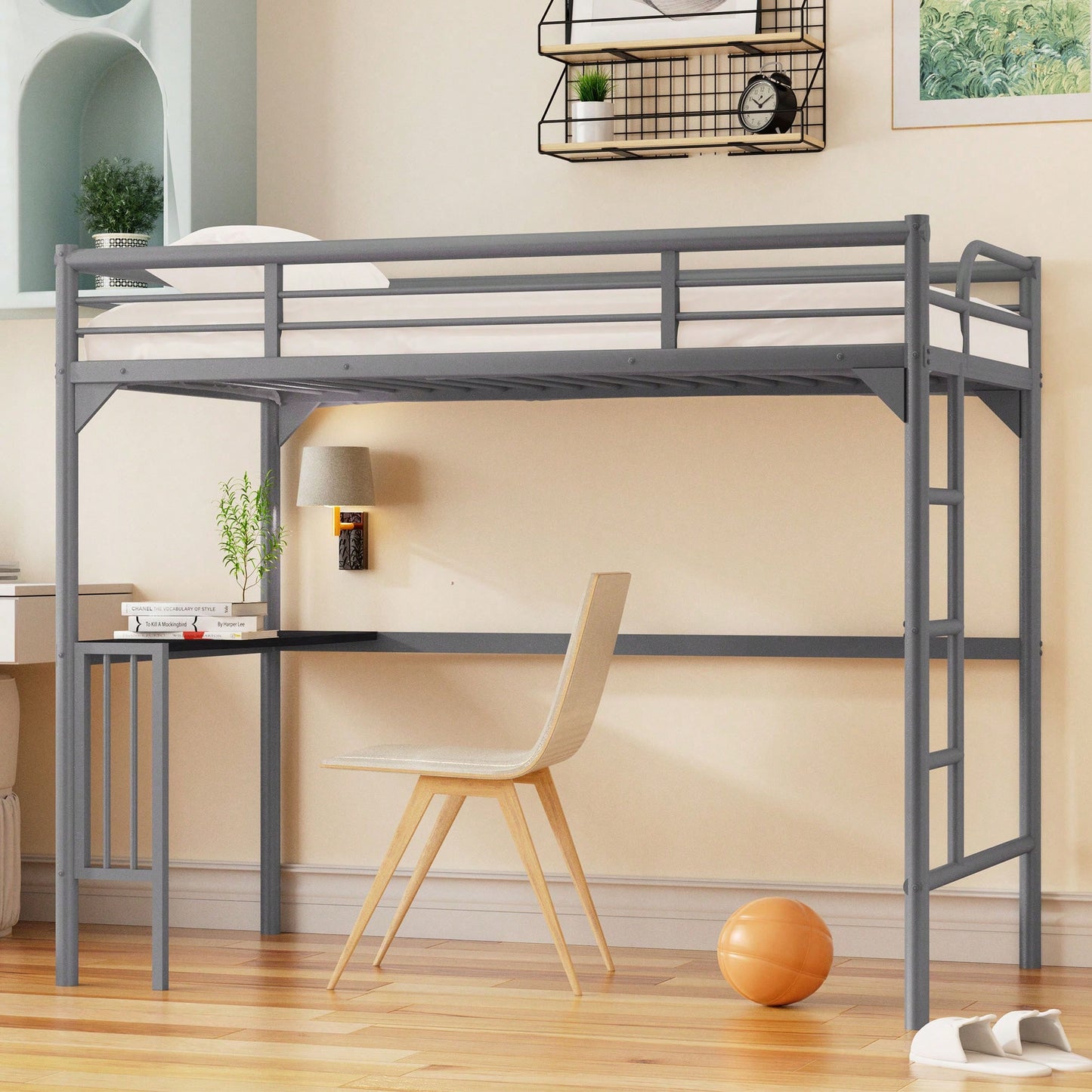 Loft Bed With Desk And Ladder, Silver Finish, Space-Saving Design With Guardrails And Under-Bed Book Desk